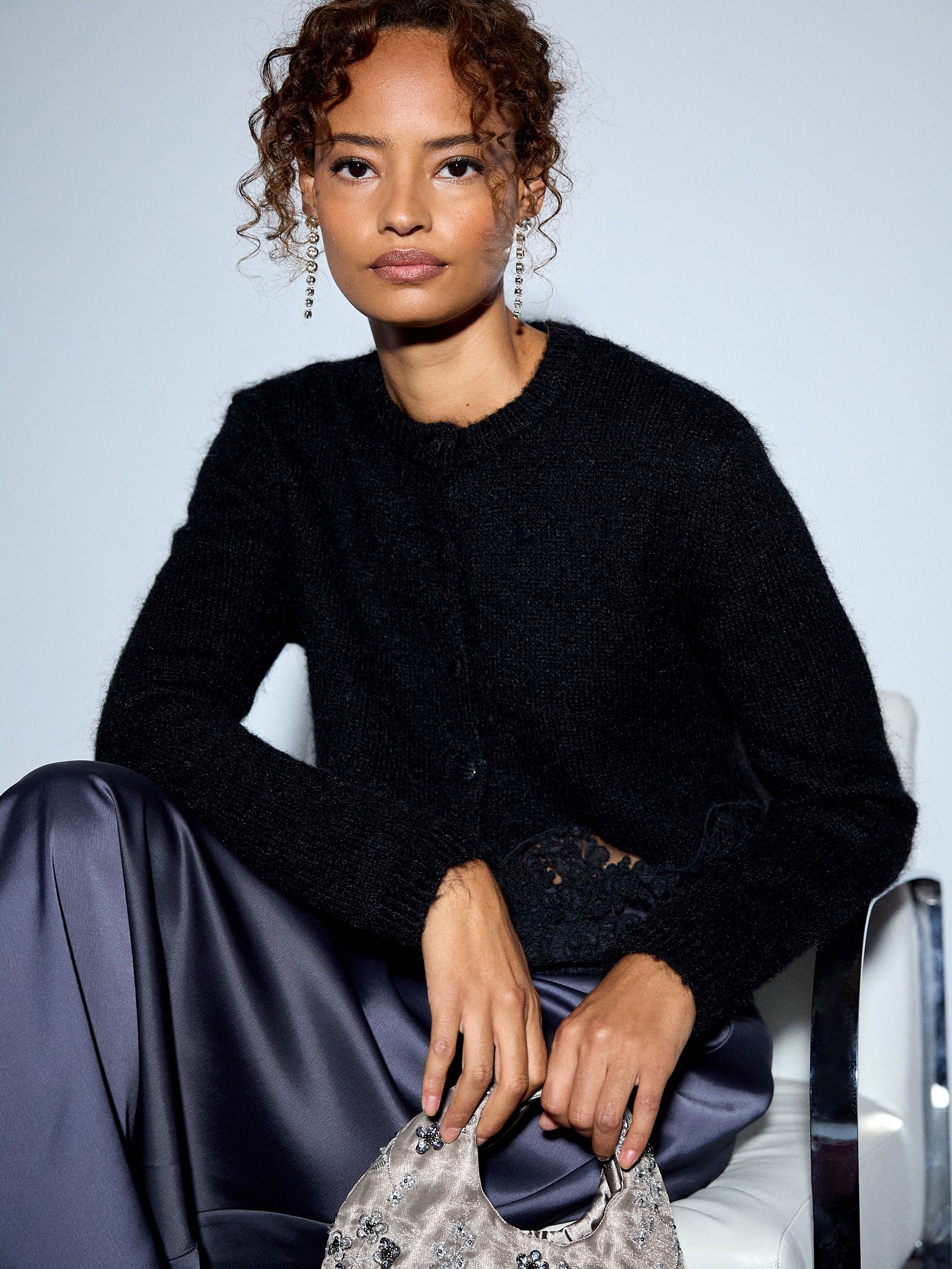 Lace Trim Long Sleeve Knit Cardigan - Black - Regular - Location Worn