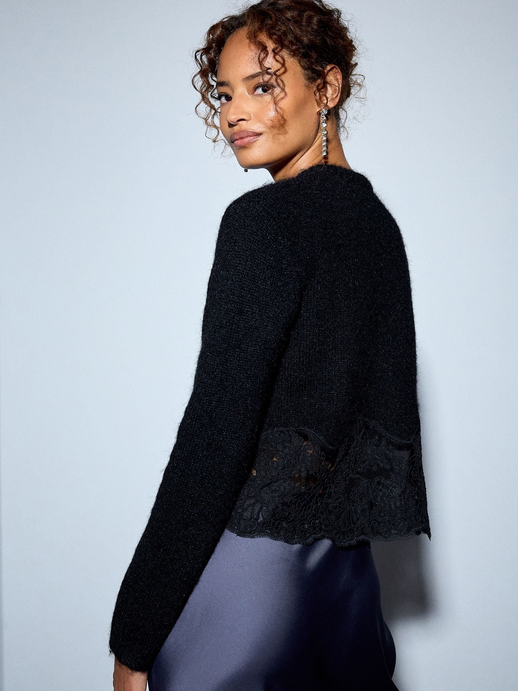Lace Trim Long Sleeve Knit Cardigan - Black - Regular - Location Worn