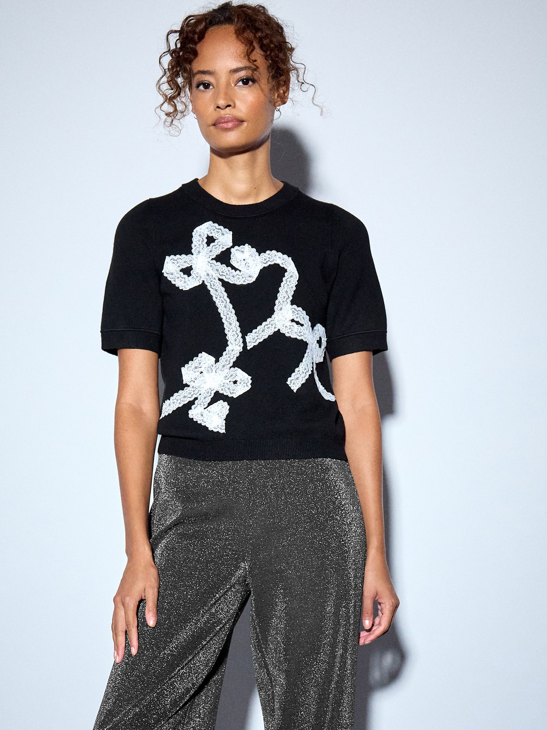 Supersoft Short Sleeve Knitted T-Shirt - Black Lace Bow - Regular - Location Worn