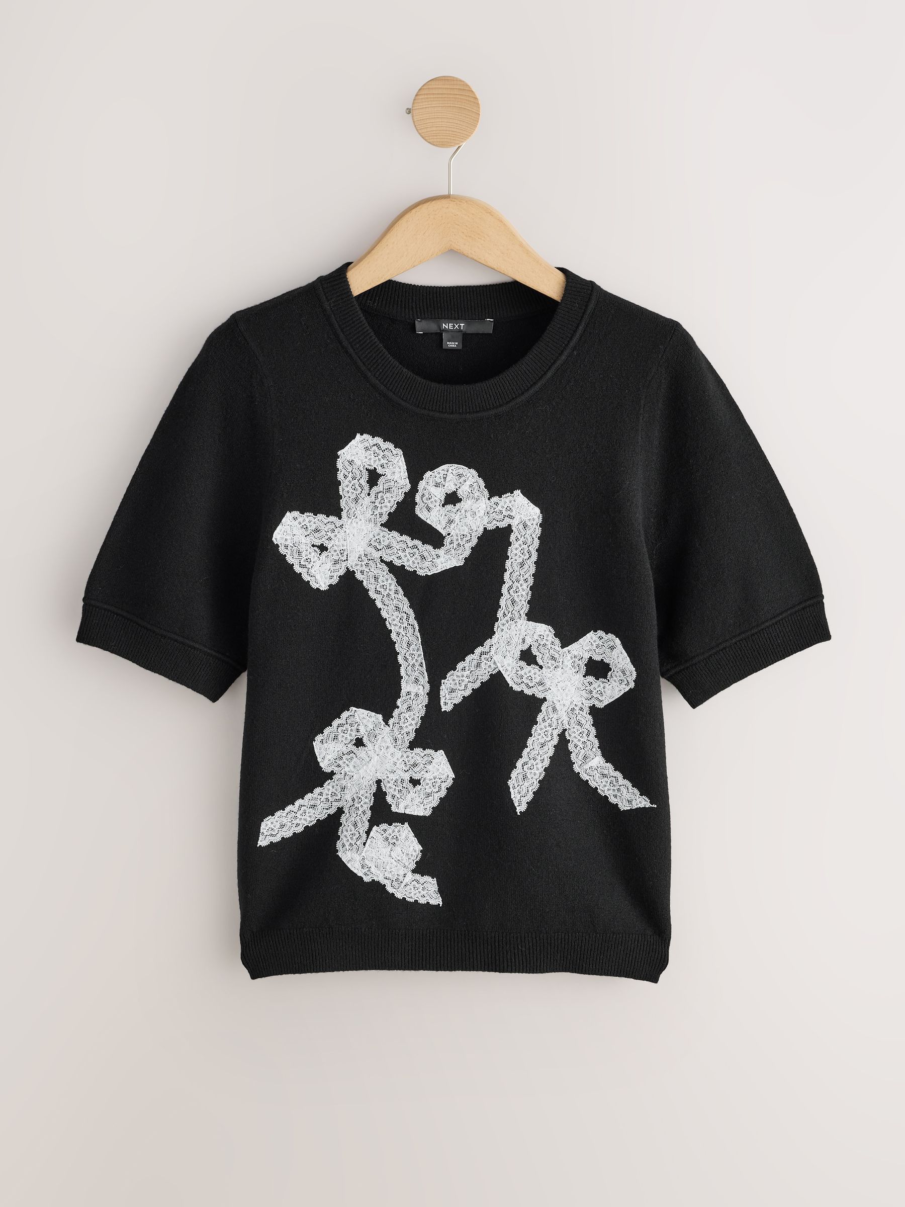 Supersoft Short Sleeve Knitted T-Shirt - Black Lace Bow - Regular - SIP Still Life