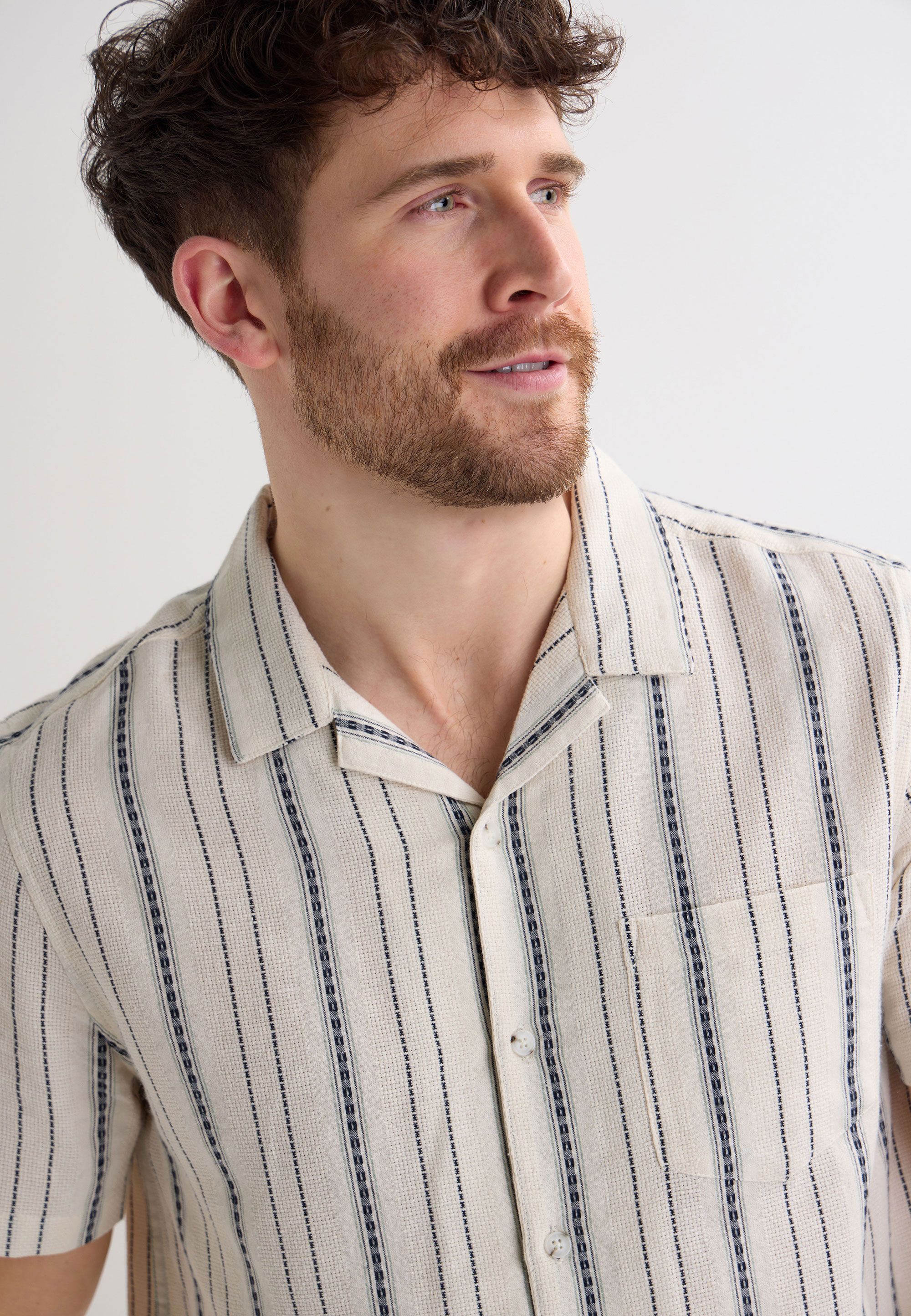 Mens Ecru Stripe Dobby Short Sleeve Shirt