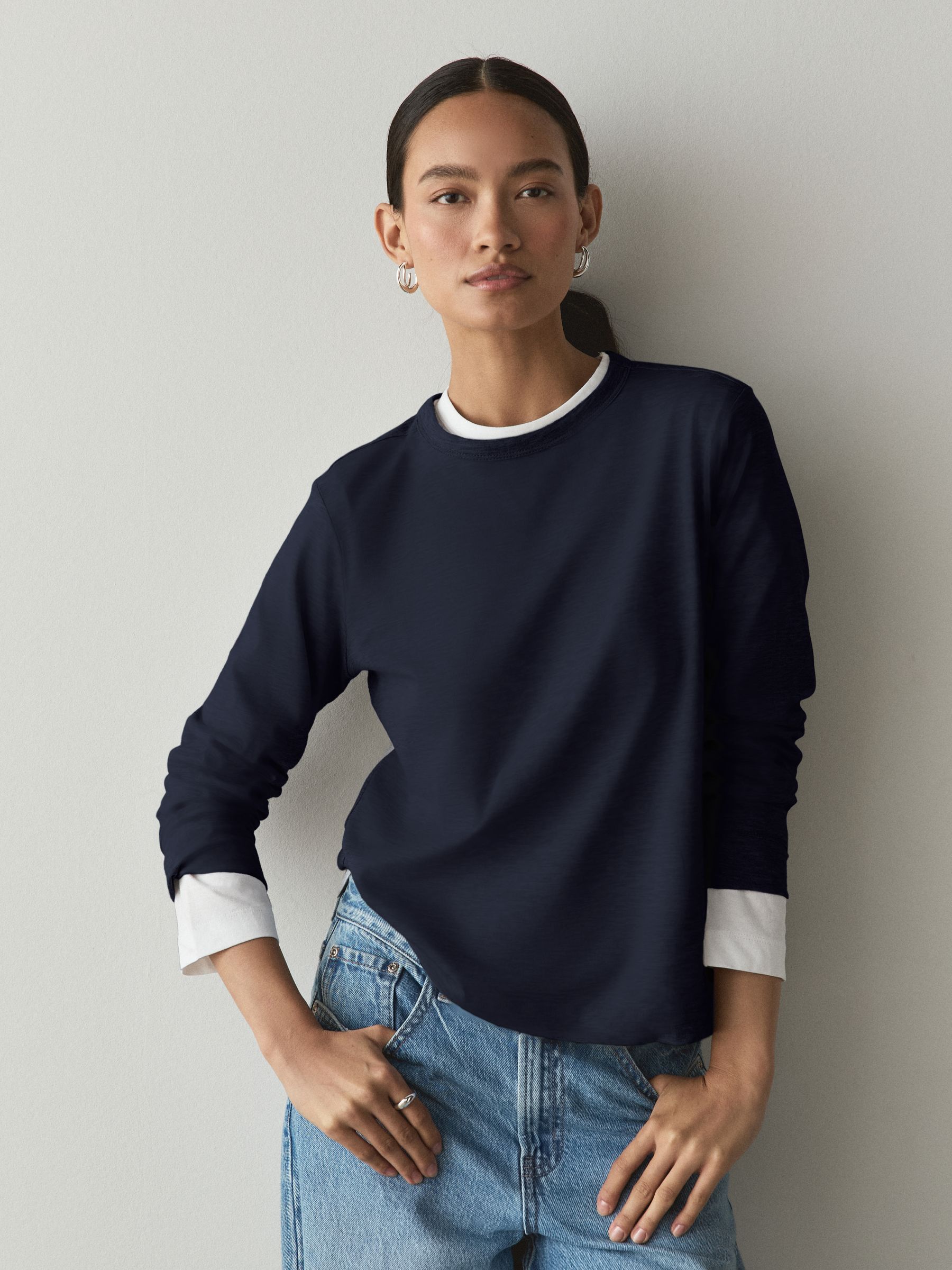 Long Sleeve Crew Neck T-Shirt - Navy Blue - Regular - Location Worn