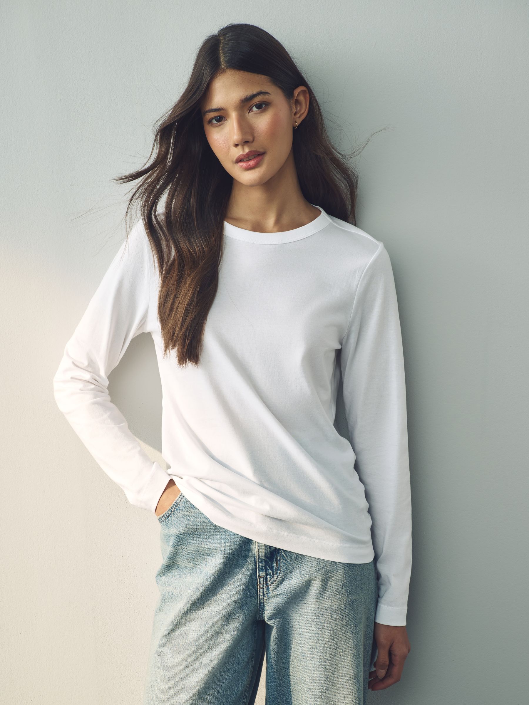 Long Sleeve Crew Neck T-Shirt - White - Petite - SIP Worn