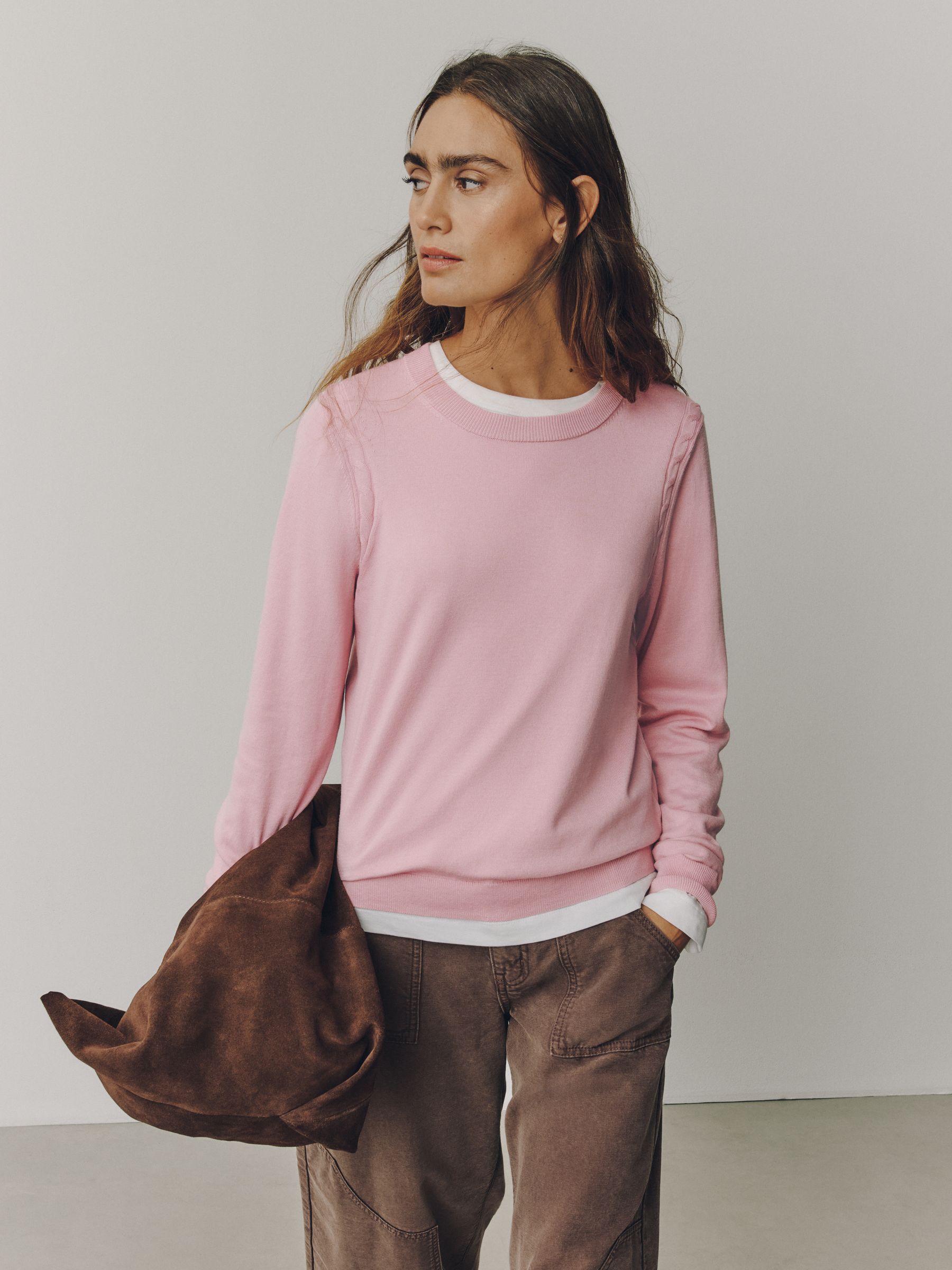 Cotton Rich Soft Touch Long Sleeve Crew Neck Jumper - Pink - Regular - SIP Worn