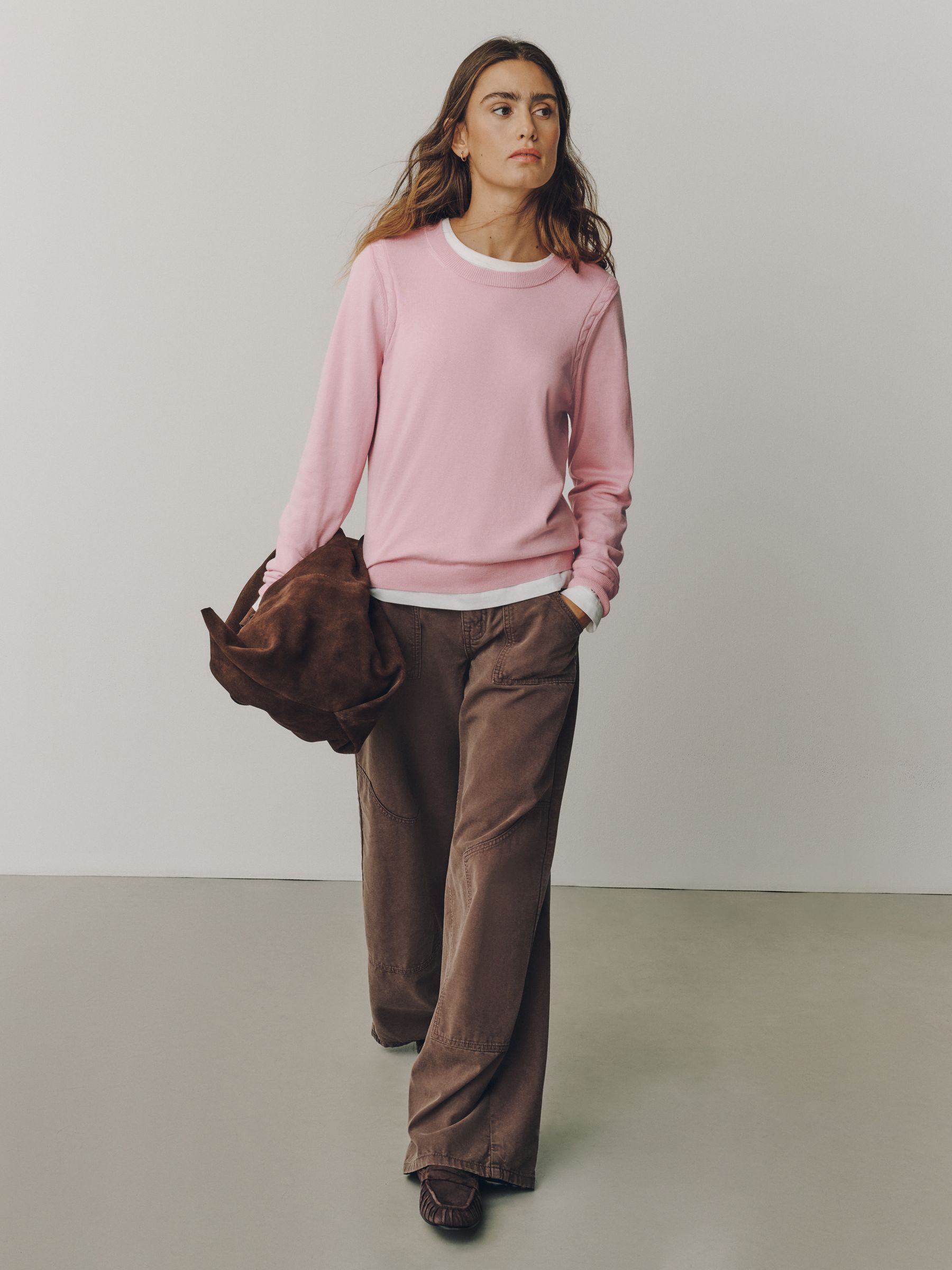Cotton Rich Soft Touch Long Sleeve Crew Neck Jumper - Pink - Regular - SIP Worn