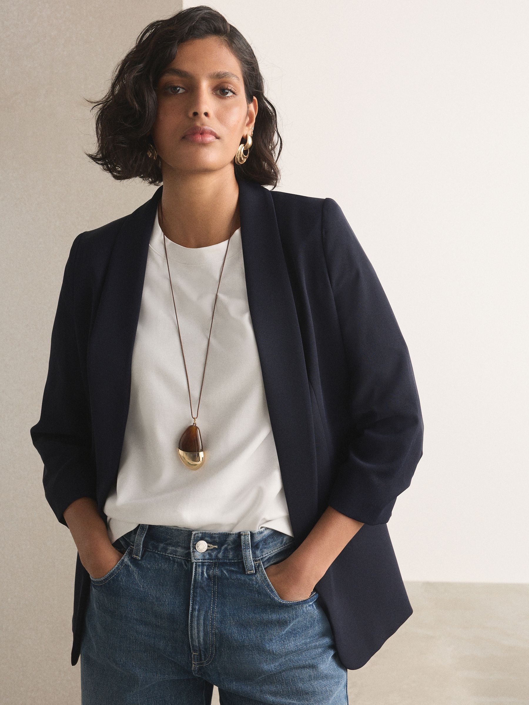 Relaxed Ruched Sleeve Blazer - Navy Blue - Regular - Location Worn