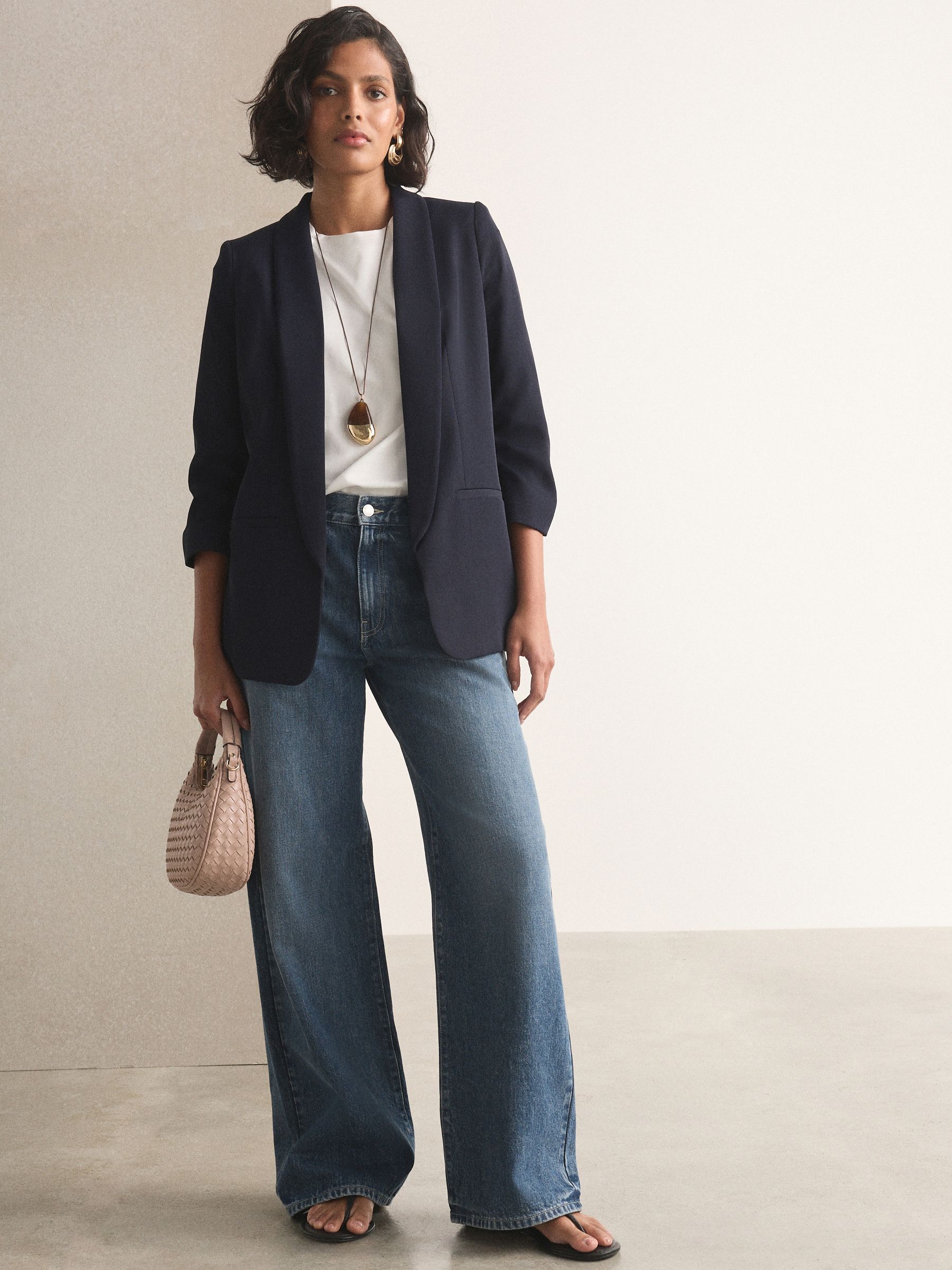 Relaxed Ruched Sleeve Blazer - Navy Blue - Regular - Location Worn