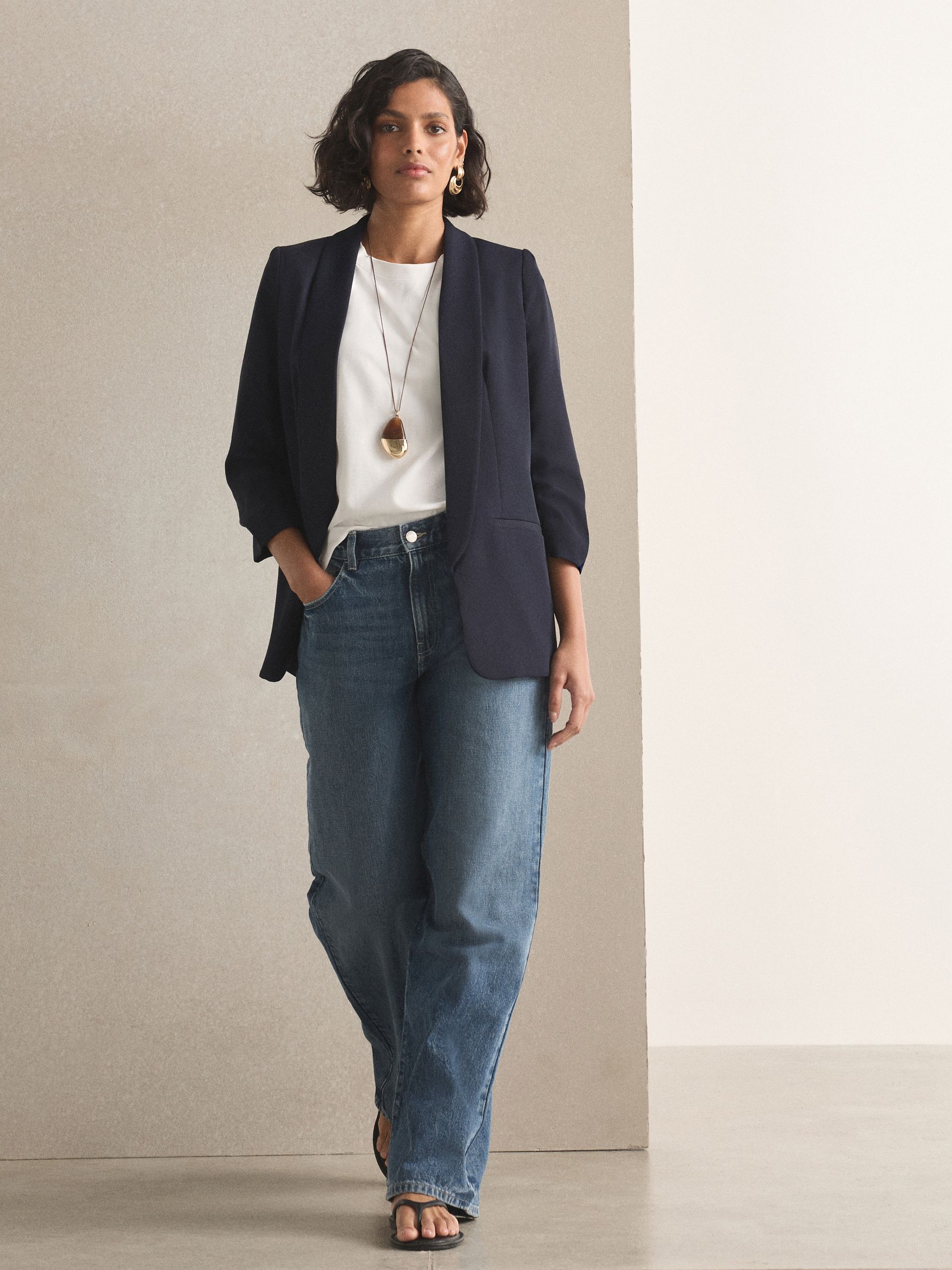 Relaxed Ruched Sleeve Blazer - Navy Blue - Regular - Location Worn