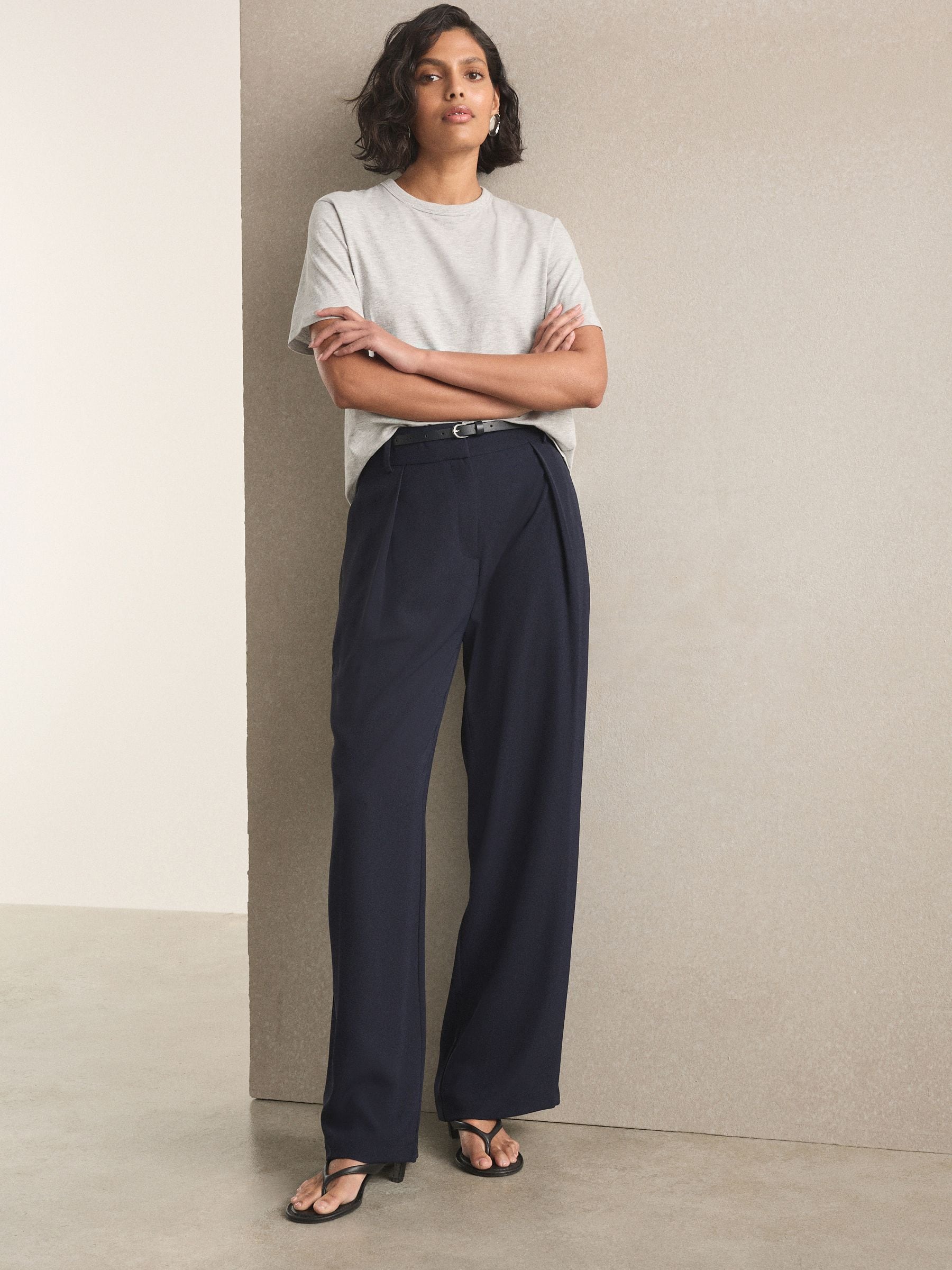 Elastic Back Wide Leg Trousers - Navy Blue - Regular - Location Worn