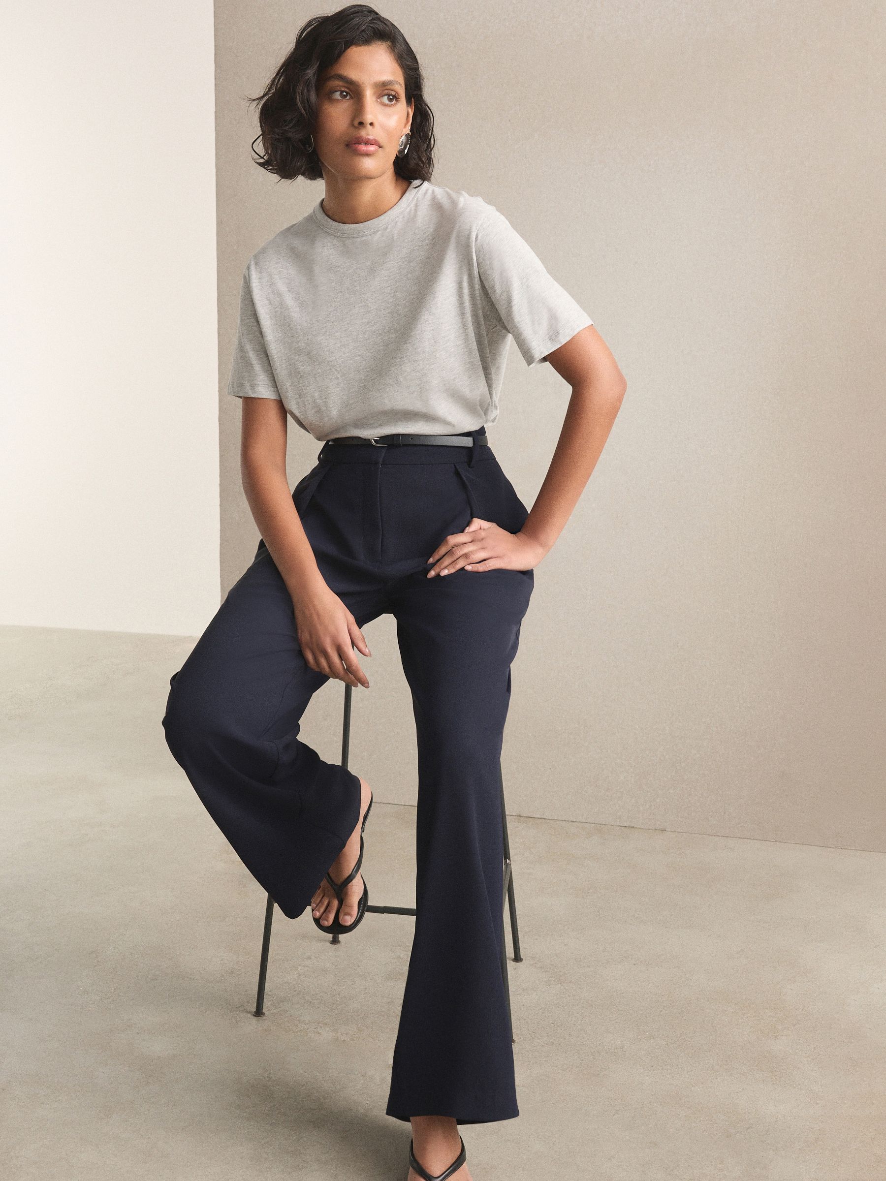 Elastic Back Wide Leg Trousers - Navy Blue - Regular - Location Worn
