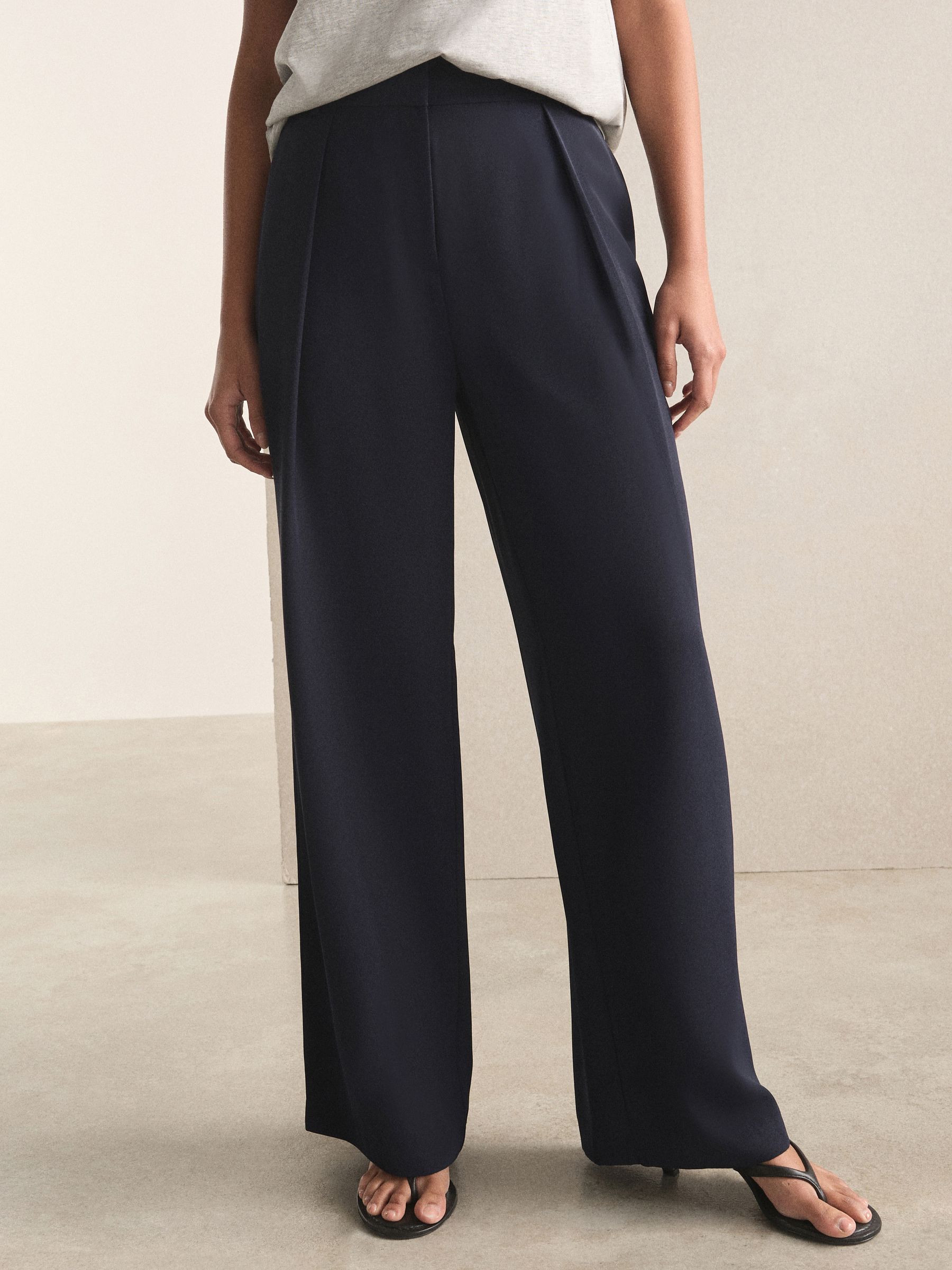 Elastic Back Wide Leg Trousers - Navy Blue - Regular - Location Worn