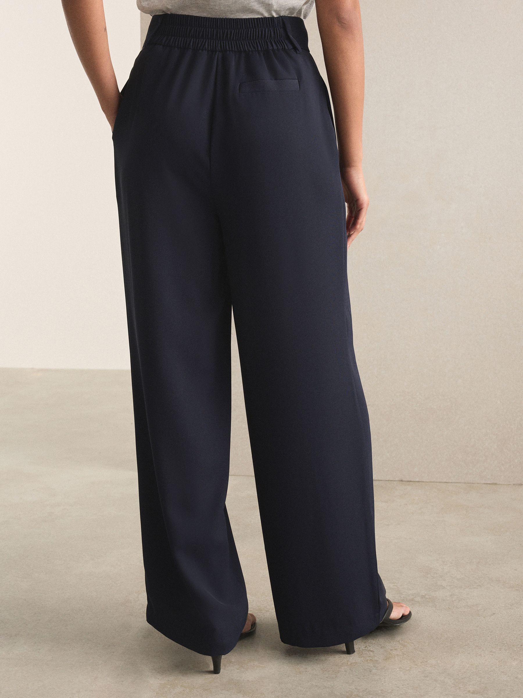 Elastic Back Wide Leg Trousers - Navy Blue - Regular - Location Worn