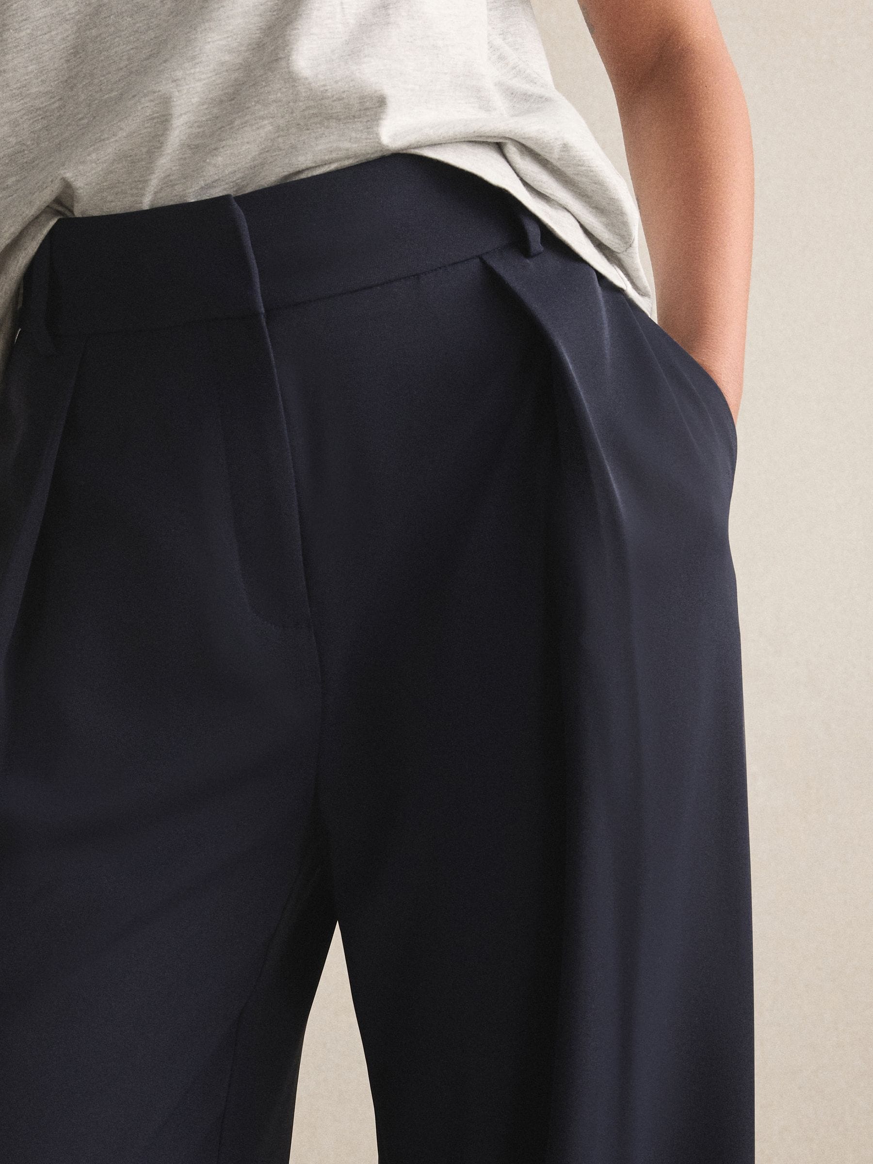 Elastic Back Wide Leg Trousers - Navy Blue - Regular - Location Worn