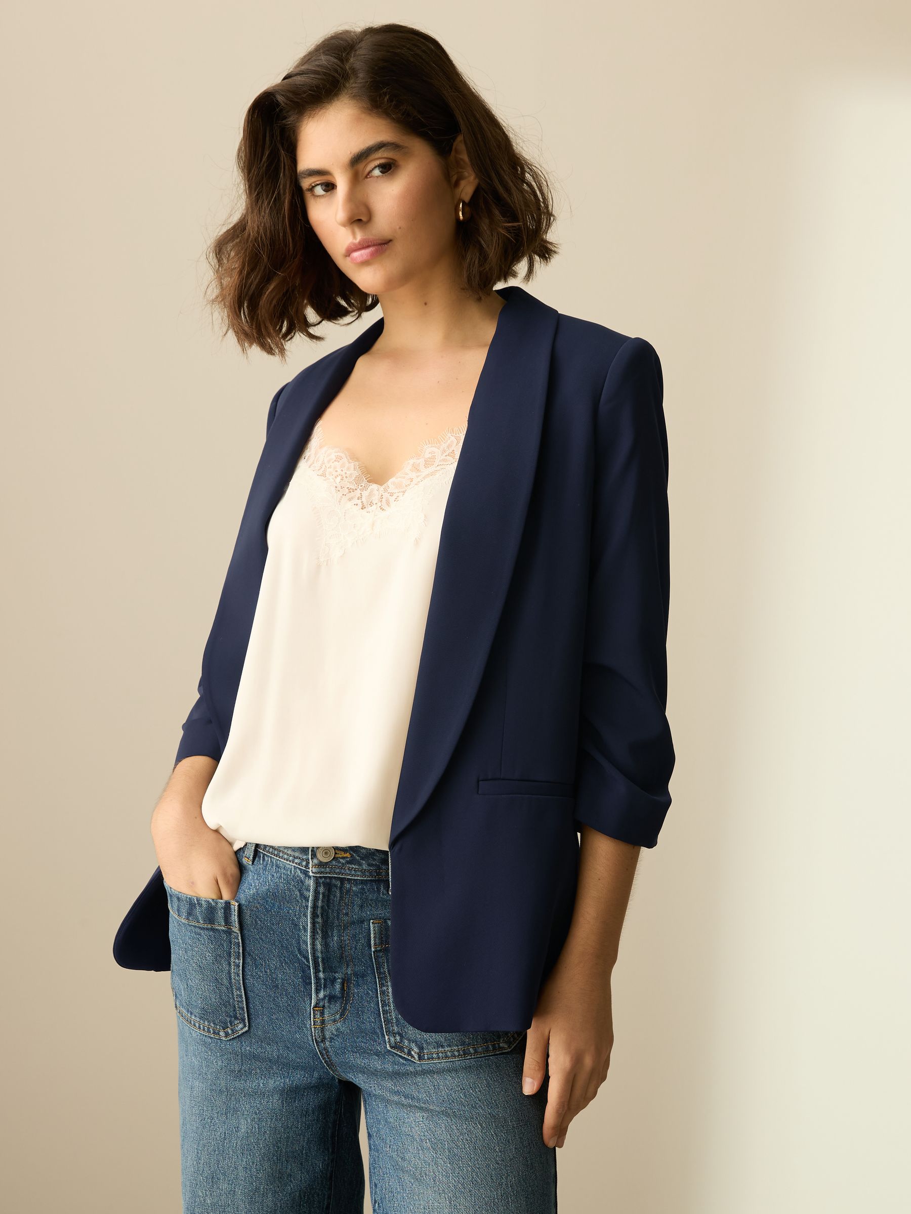 Relaxed Ruched Sleeve Blazer - Navy Blue - Petite - SIP Worn
