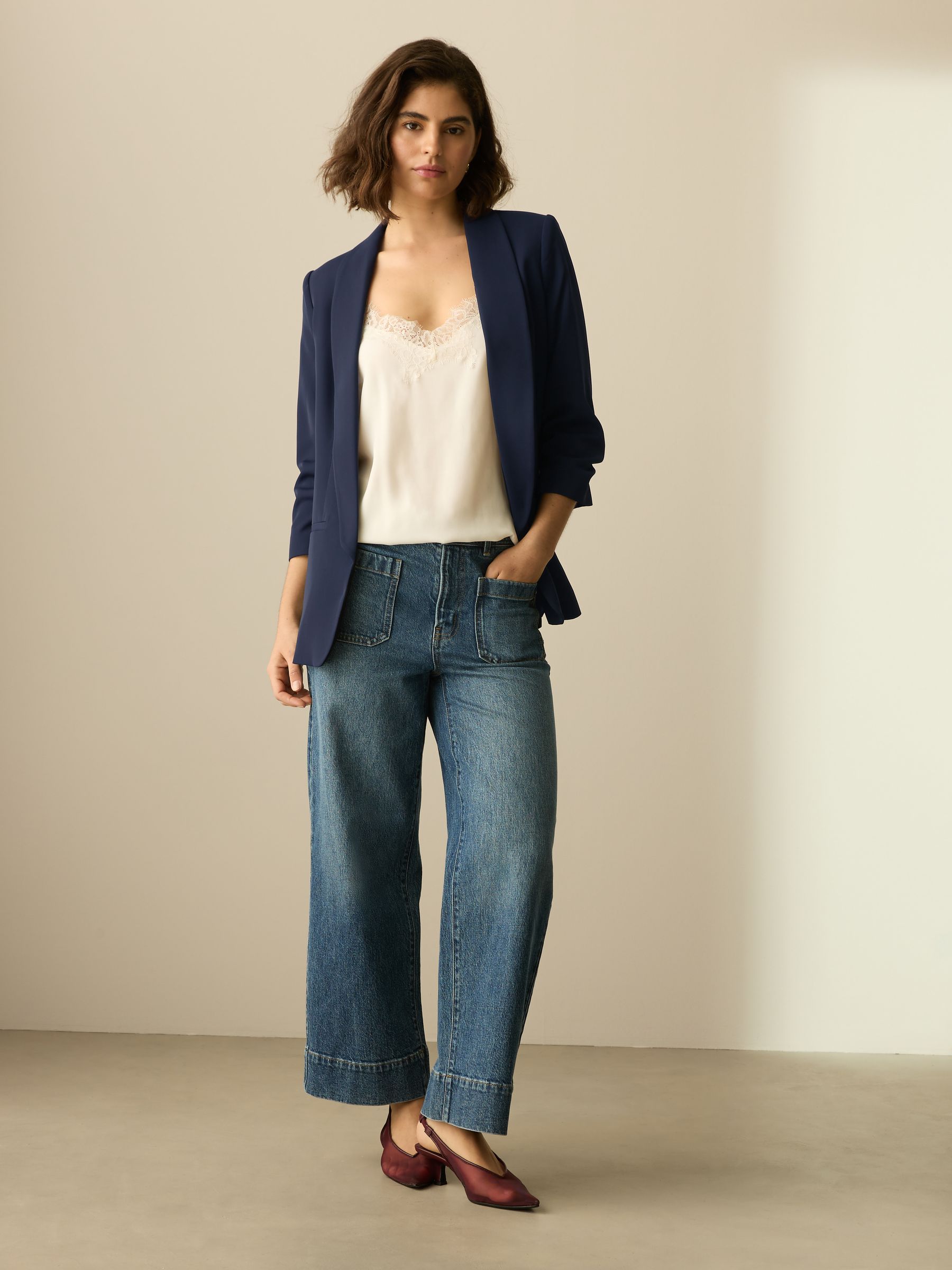 Relaxed Ruched Sleeve Blazer - Navy Blue - Petite - SIP Worn