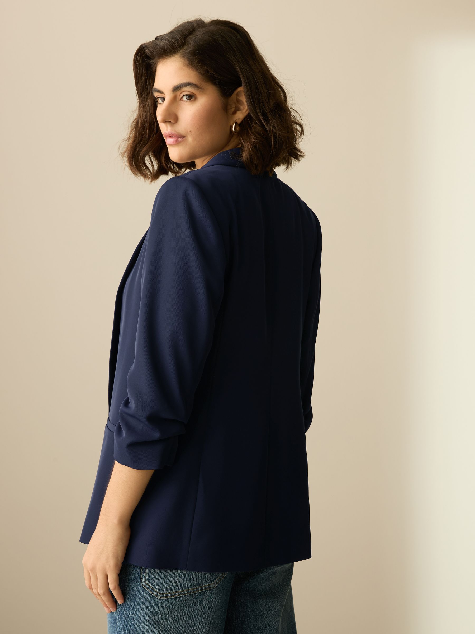 Relaxed Ruched Sleeve Blazer - Navy Blue - Petite - SIP Worn