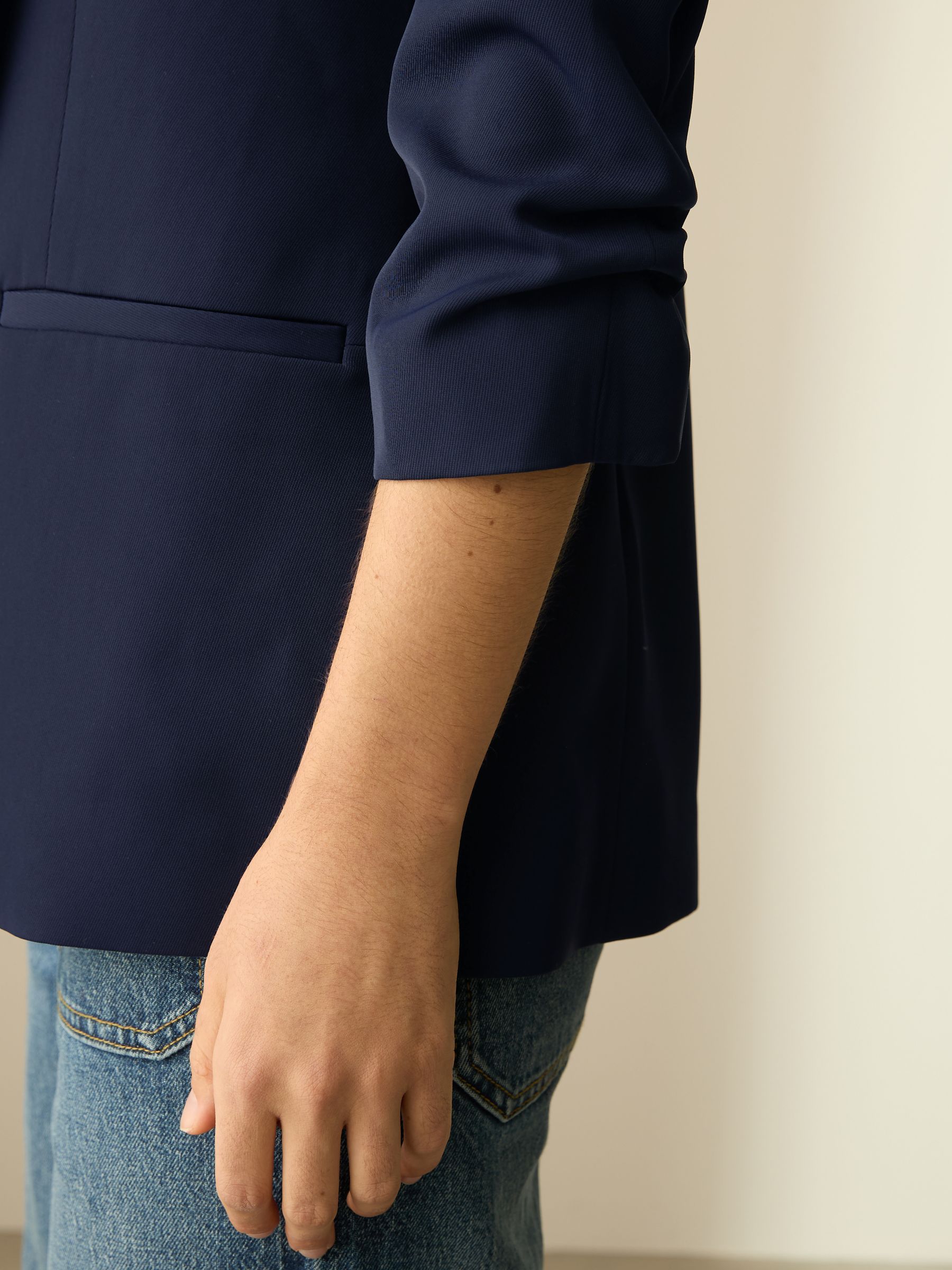 Relaxed Ruched Sleeve Blazer - Navy Blue - Petite - SIP Worn