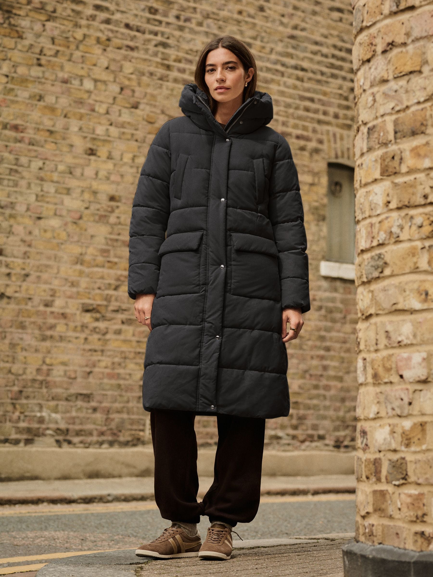 Shower-Resistant Padded Hooded Longline Coat - Black - Regular - Location Worn