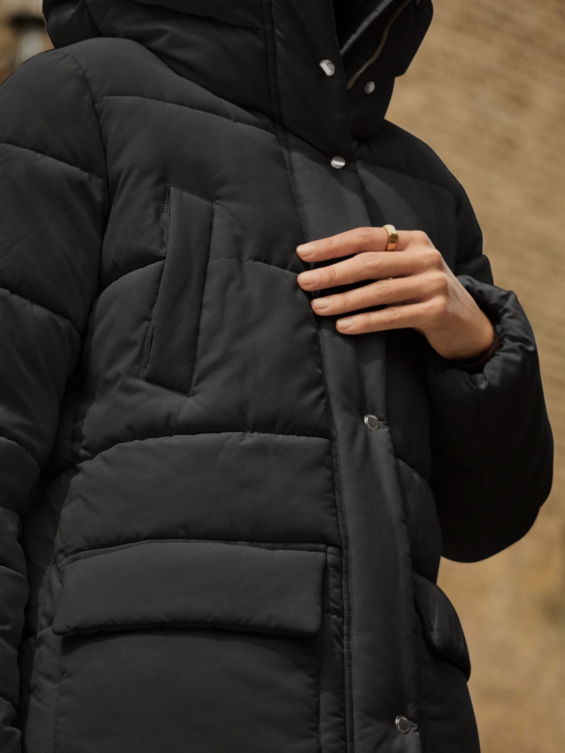 Shower-Resistant Padded Hooded Longline Coat - Black - Regular - Location Worn