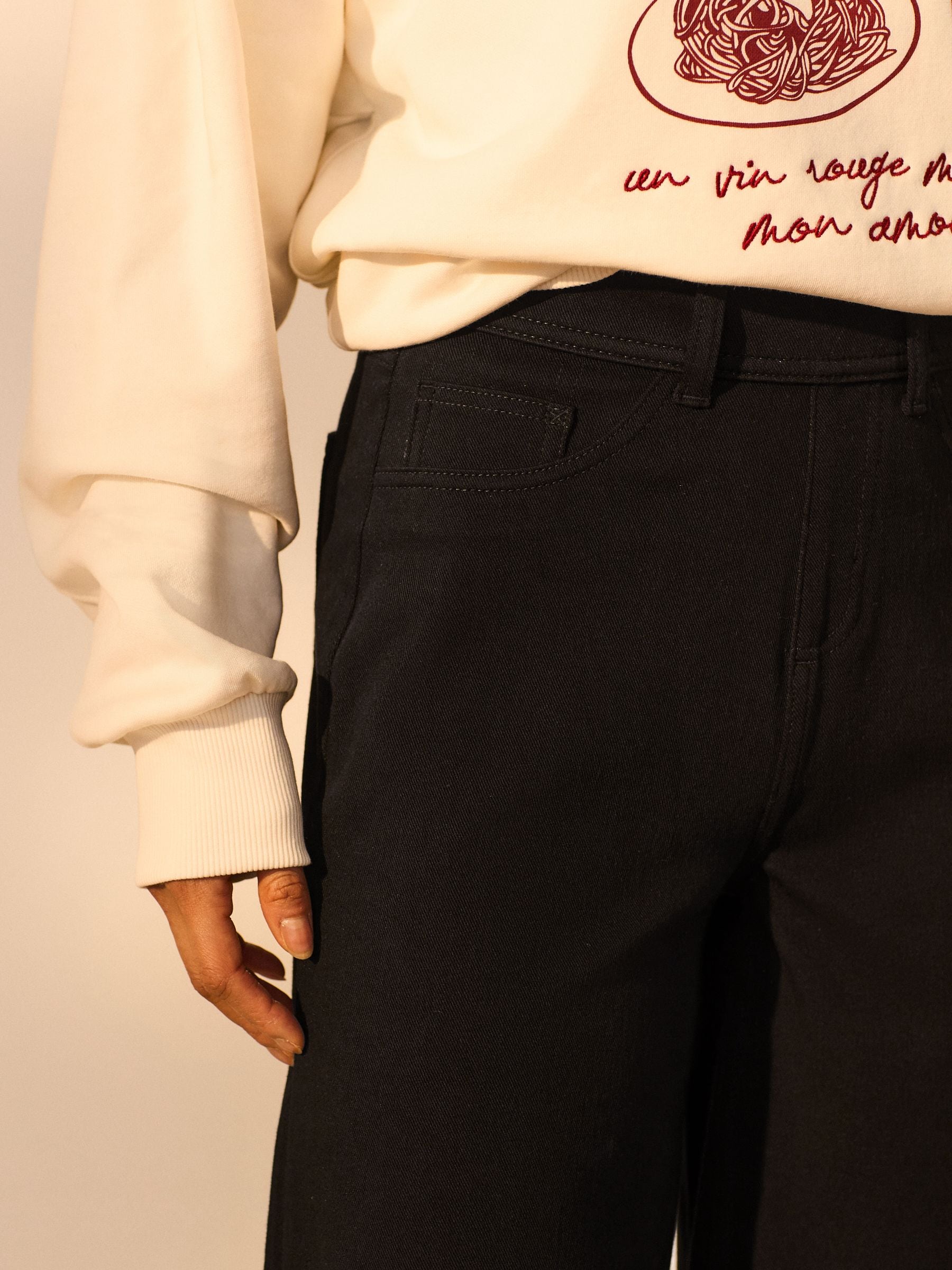 Jersey Denim Wide Leg Trousers - Black - Regular - Location Worn