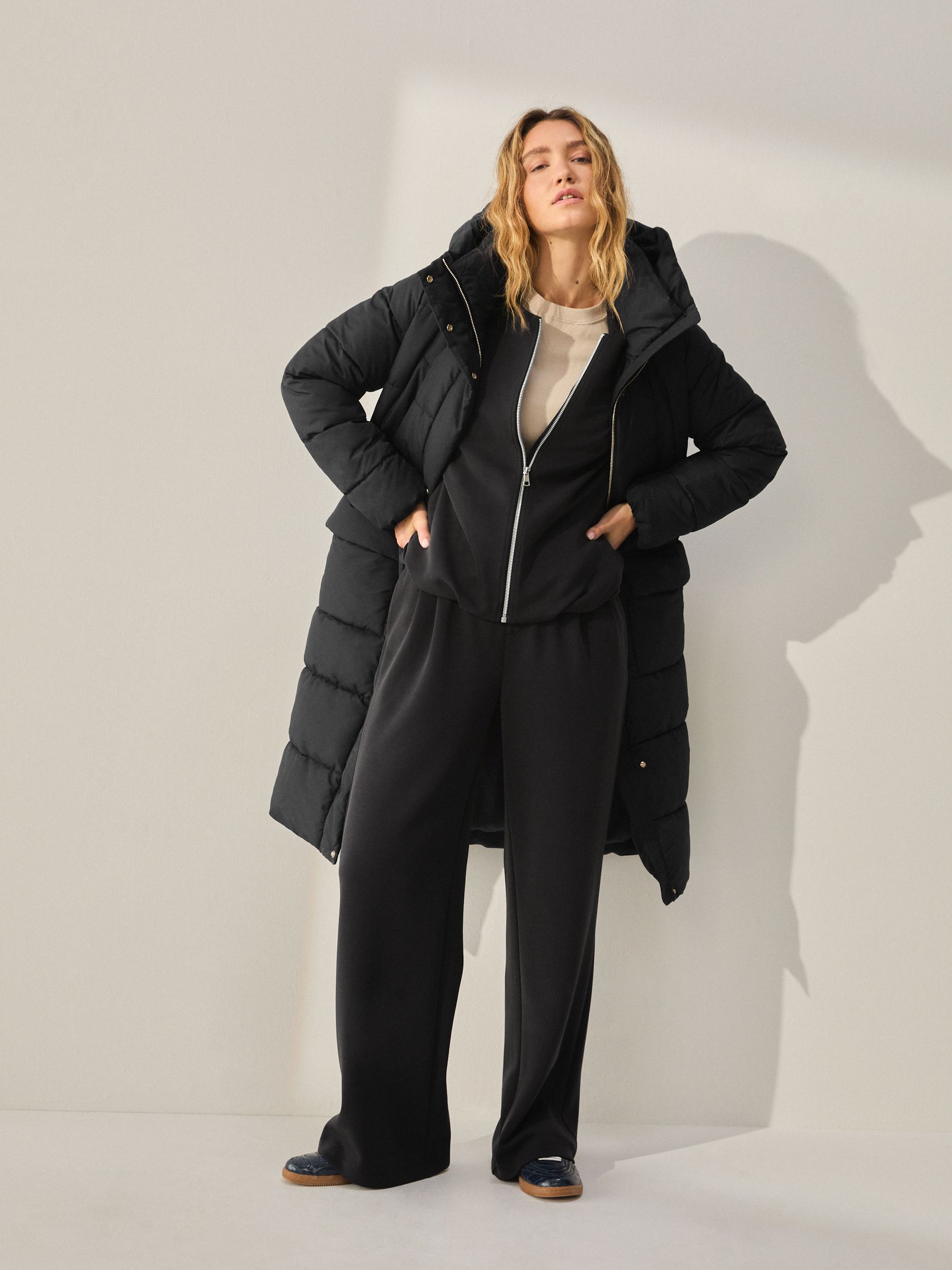 Shower-Resistant Padded Hooded Longline Coat - Black - Petite - Location Worn