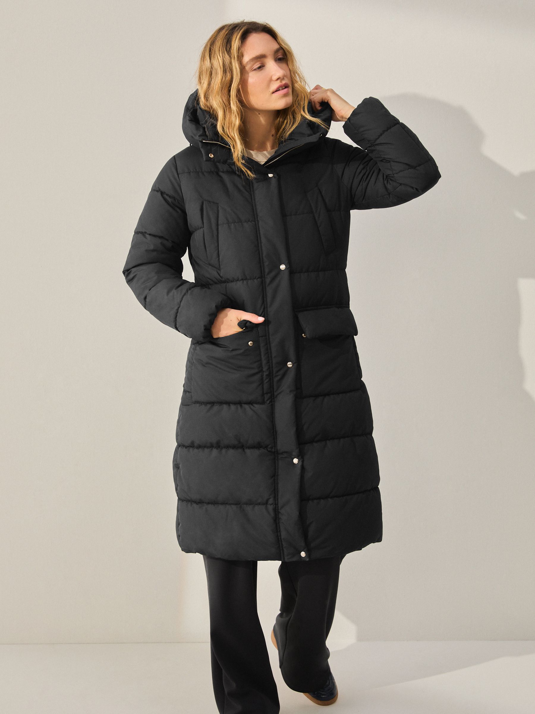 Shower-Resistant Padded Hooded Longline Coat - Black - Petite - Location Worn