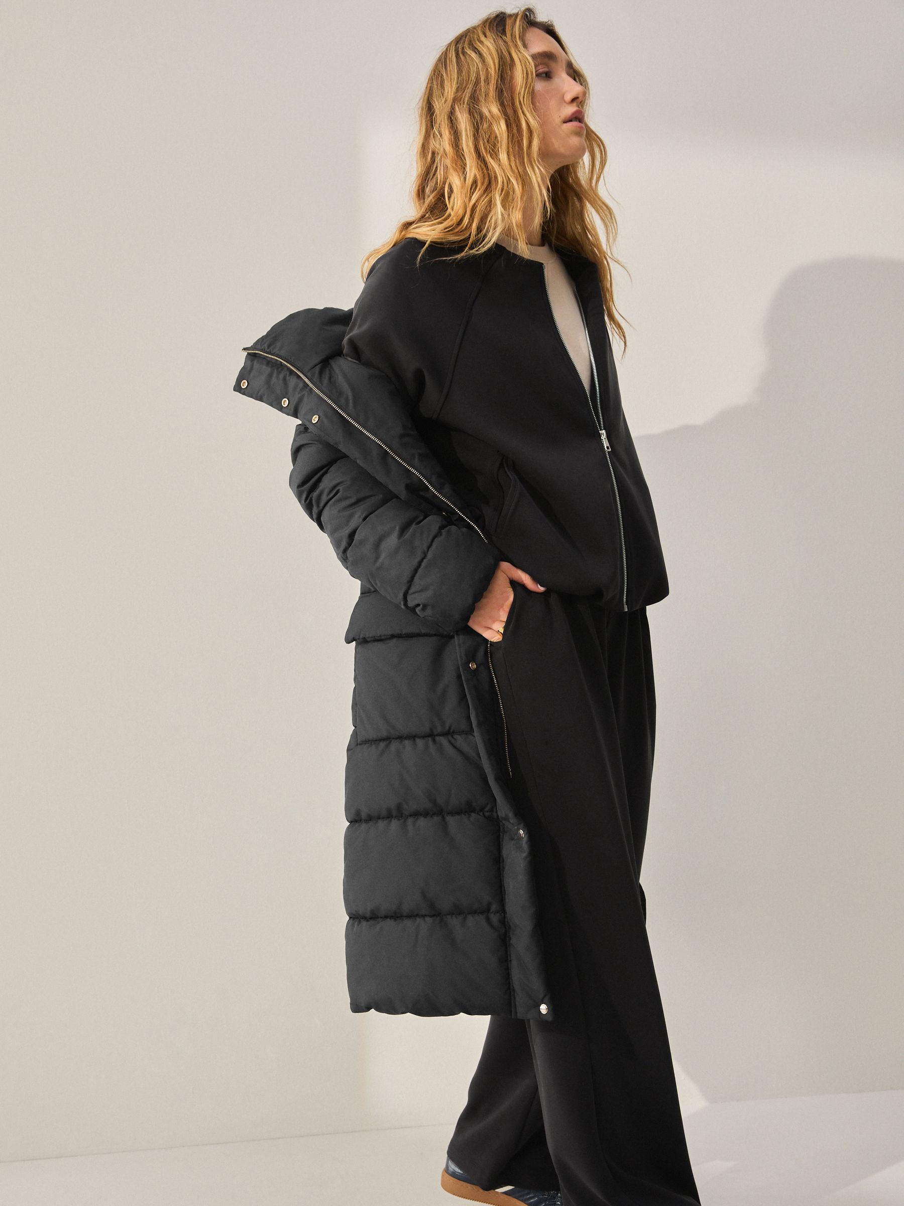 Shower-Resistant Padded Hooded Longline Coat - Black - Petite - Location Worn