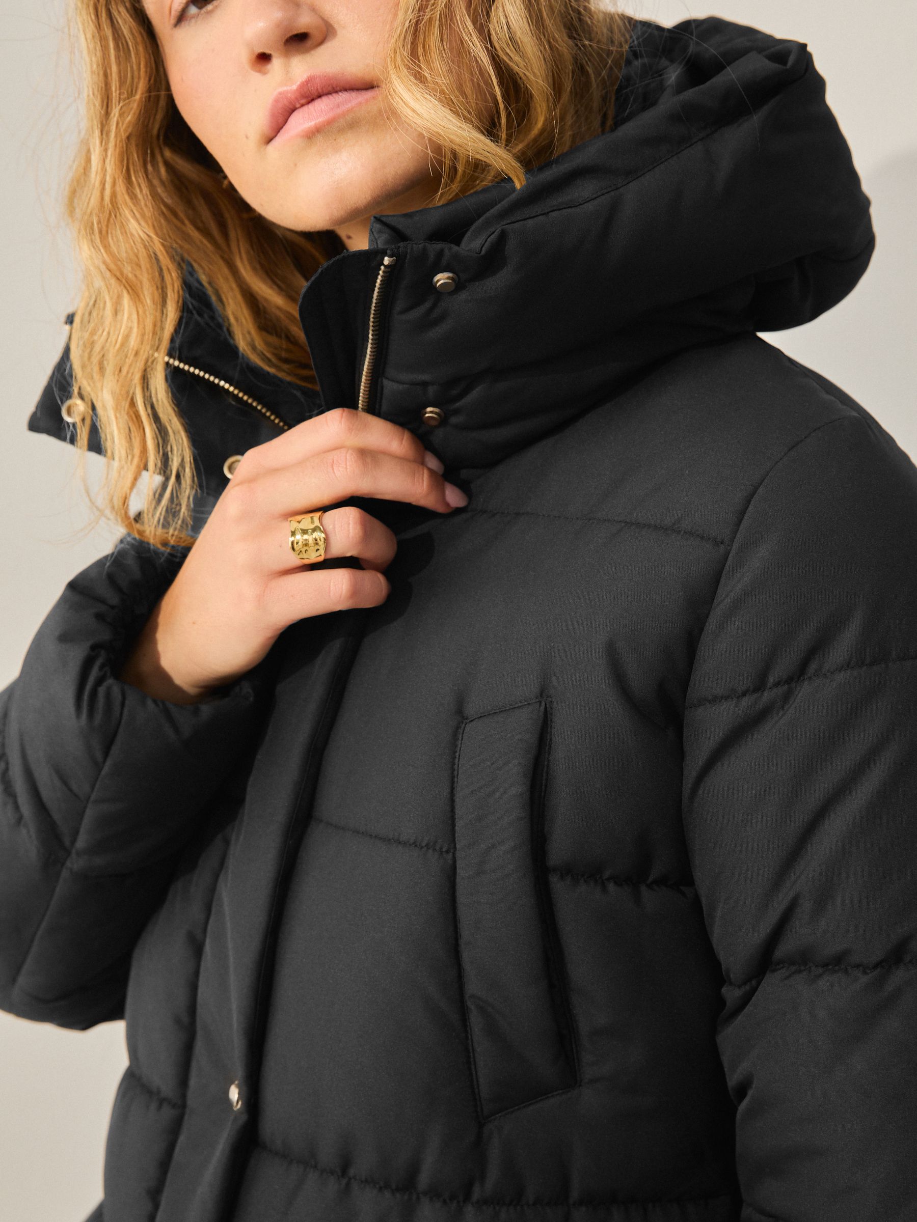 Shower-Resistant Padded Hooded Longline Coat - Black - Petite - Location Worn