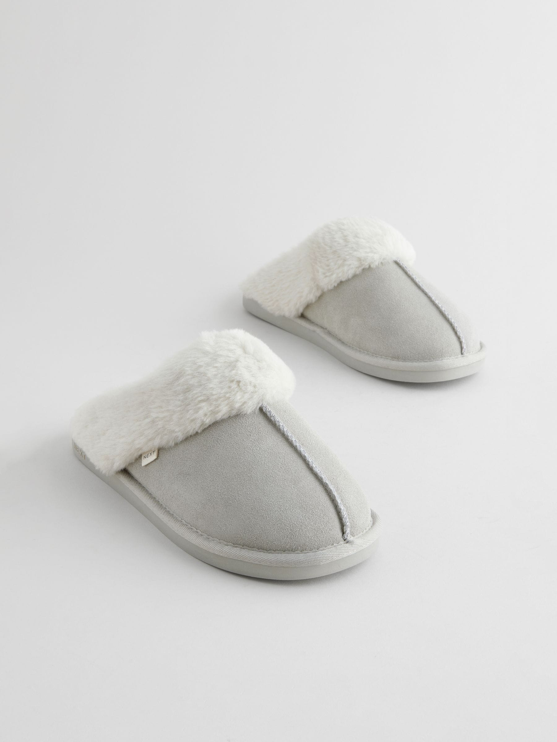 Faux Fur Lined Suede Mule Slippers - Light Grey - Regular - SIP Still Life