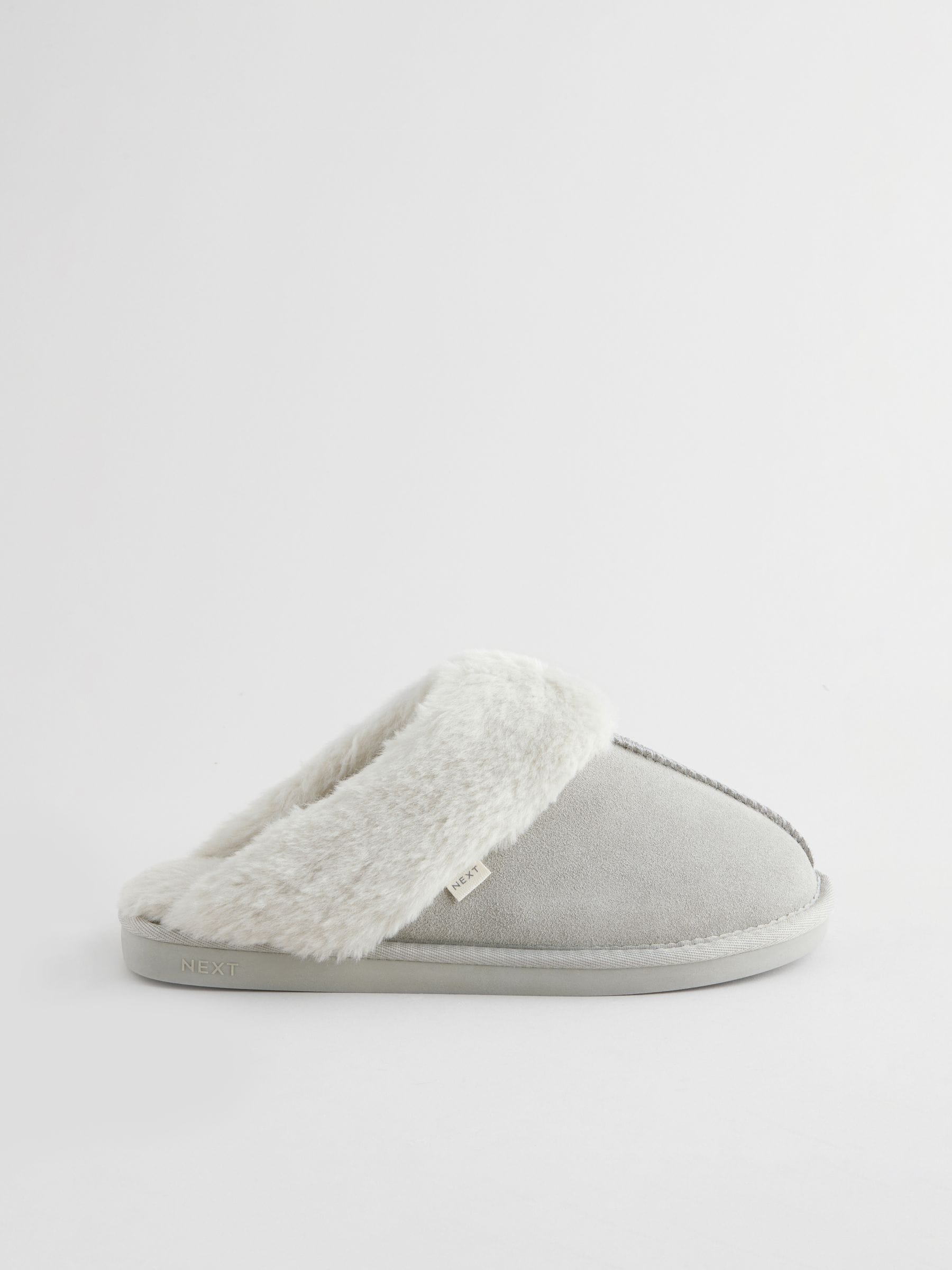 Faux Fur Lined Suede Mule Slippers - Light Grey - Regular - SIP Still Life