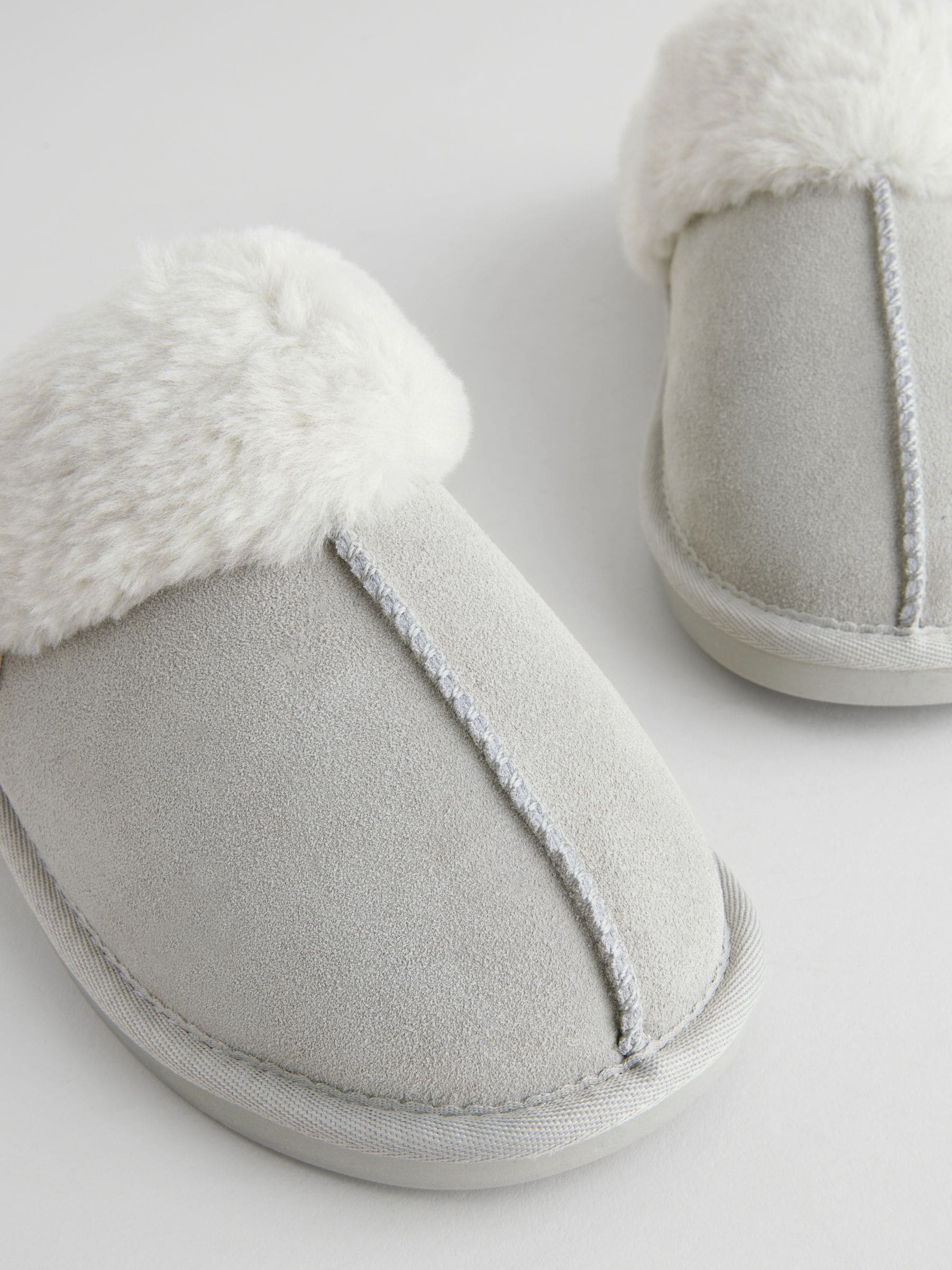 Faux Fur Lined Suede Mule Slippers - Light Grey - Regular - SIP Still Life