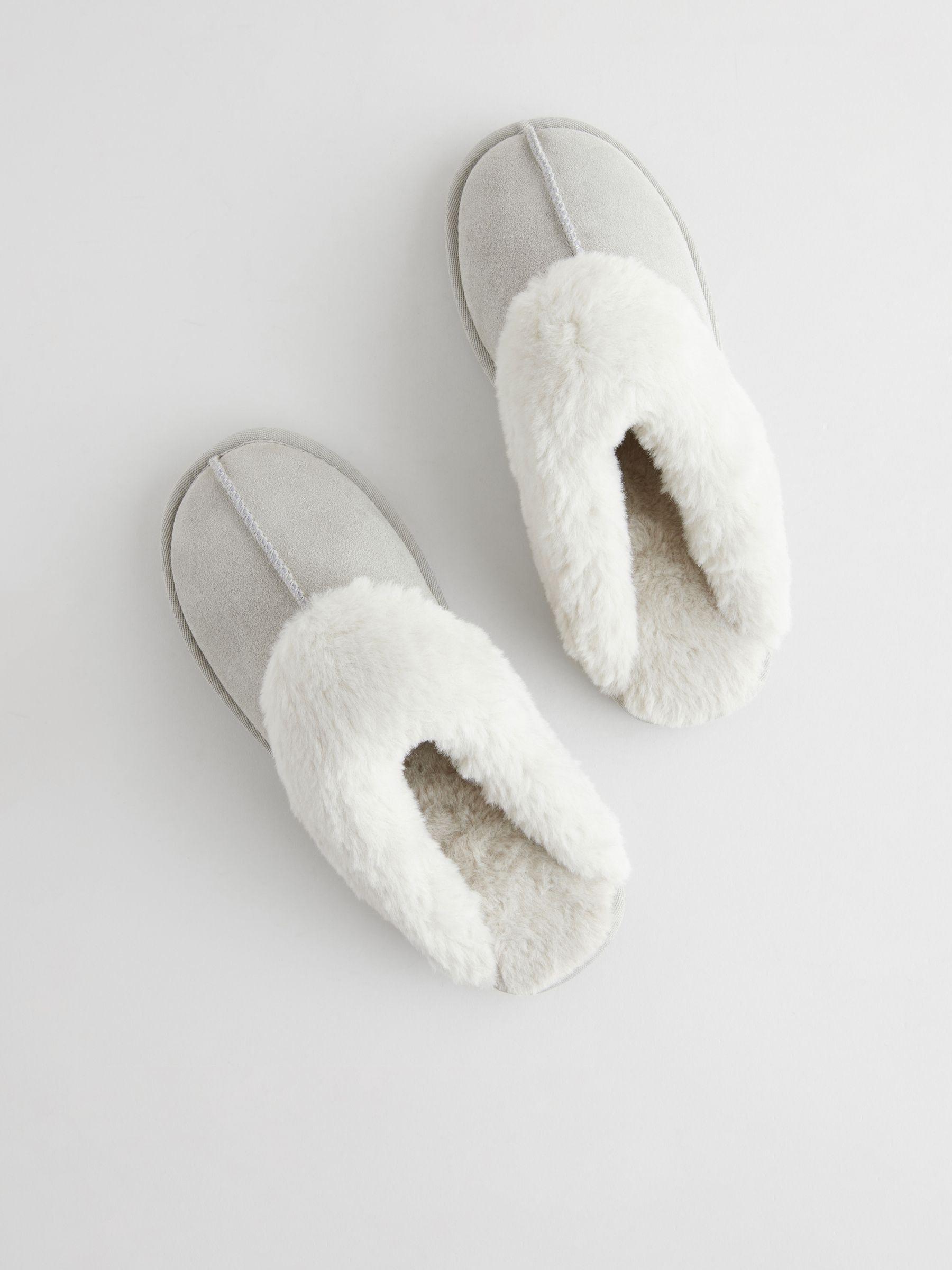 Faux Fur Lined Suede Mule Slippers - Light Grey - Regular - SIP Still Life