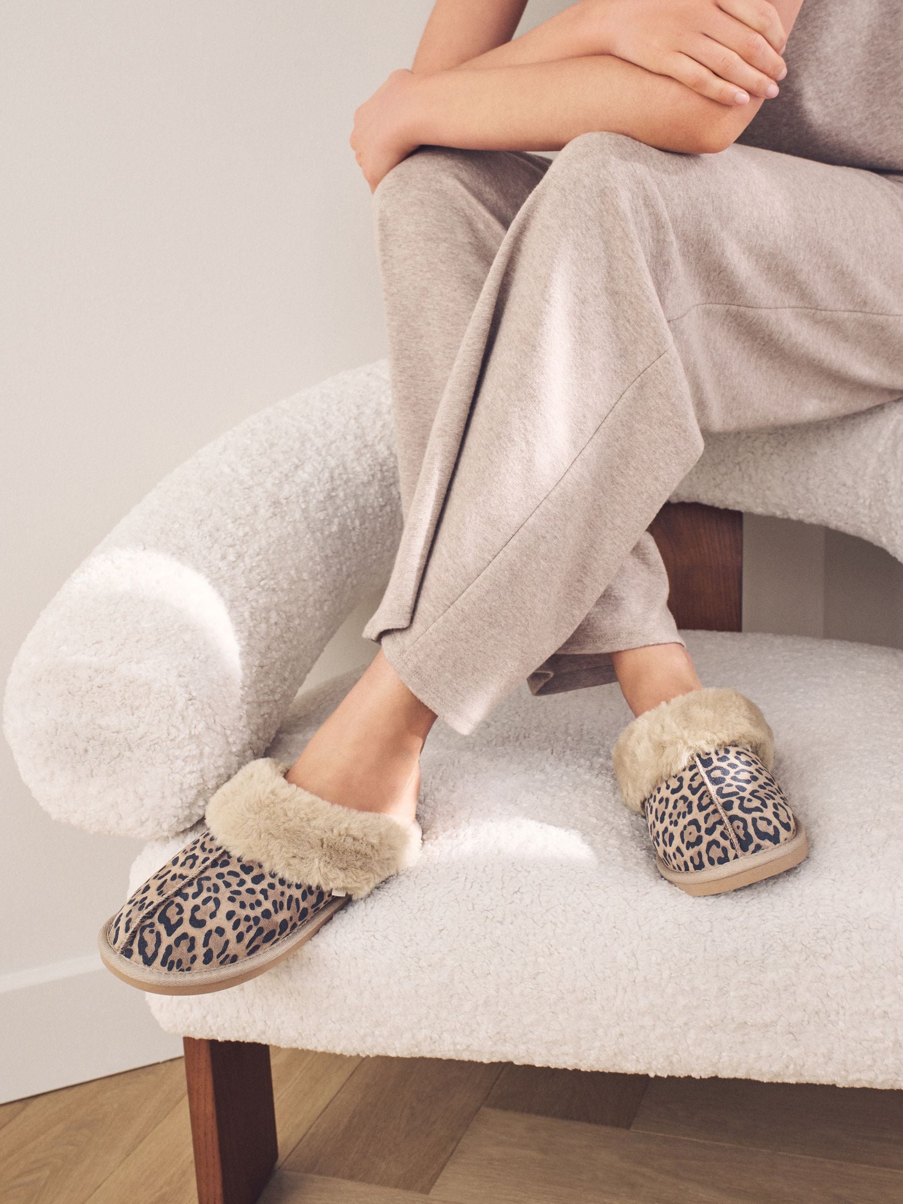 Faux Fur Lined Suede Mule Slippers - Animal - Regular - SIP Worn