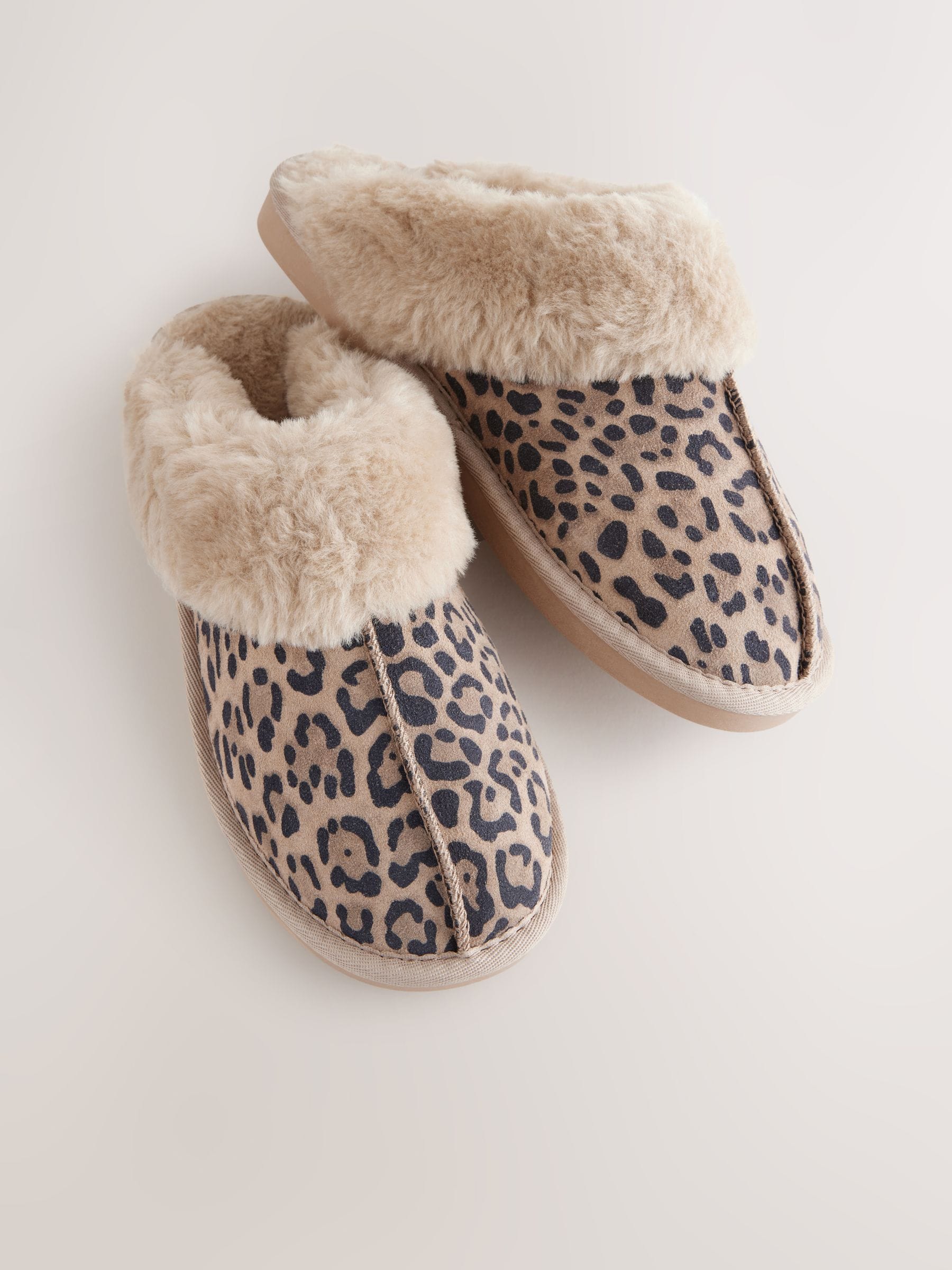 Faux Fur Lined Suede Mule Slippers - Animal - Regular - SIP Still Life