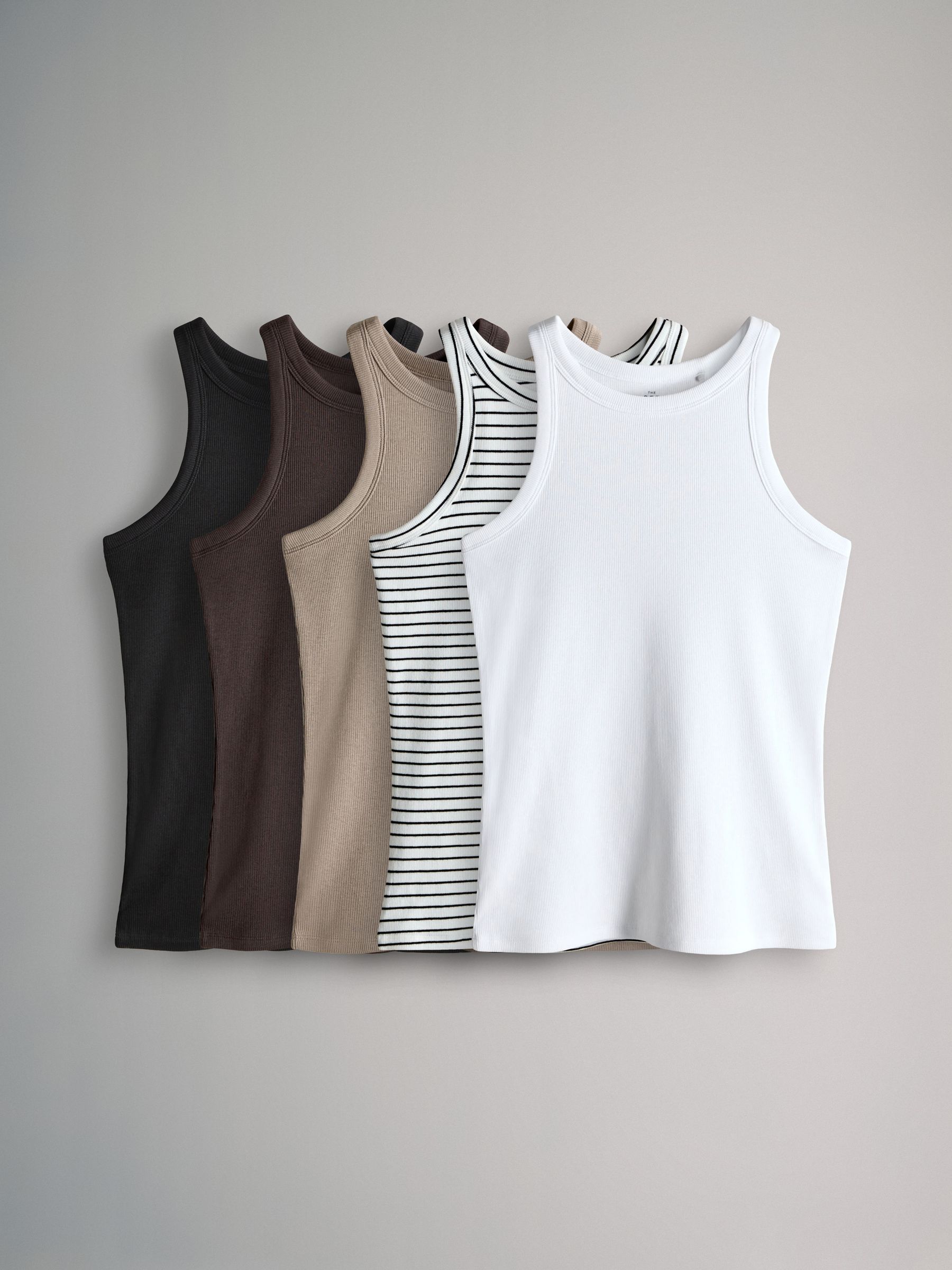 The Set 5 Pack Racer Ribbed Vests - Black/Chocolate Brown/Taupe Brown/Stripe/White - Regular - SIP Still Life