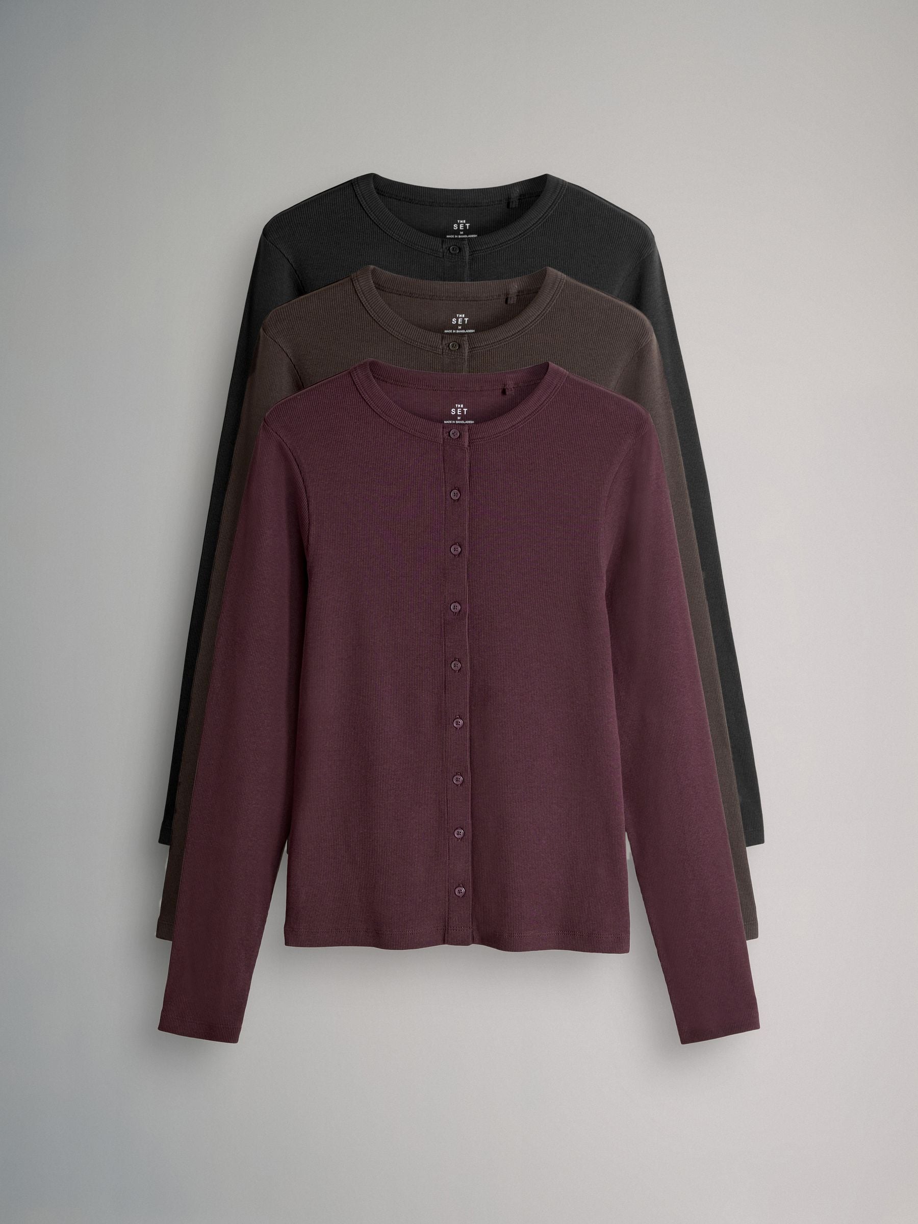 The Set 3 Pack Long Sleeve Button Through Rib T-Shirt - Black/Chocolate Brown/Berry - Regular - SIP Still Life