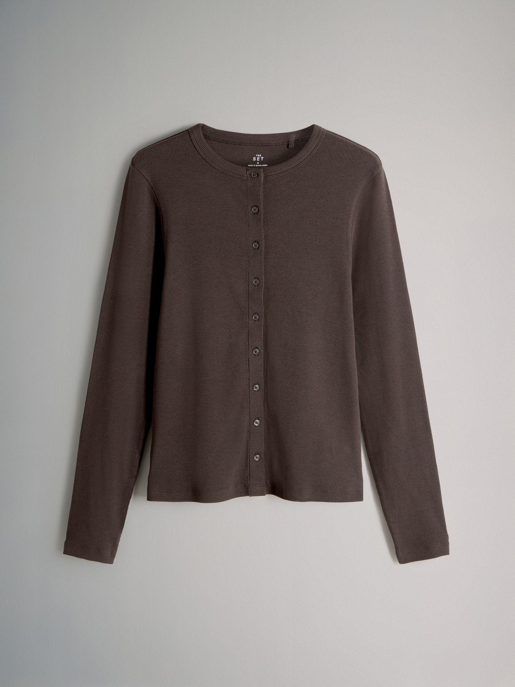 The Set 3 Pack Long Sleeve Button Through Rib T-Shirt - Black/Chocolate Brown/Berry - Regular - SIP Still Life