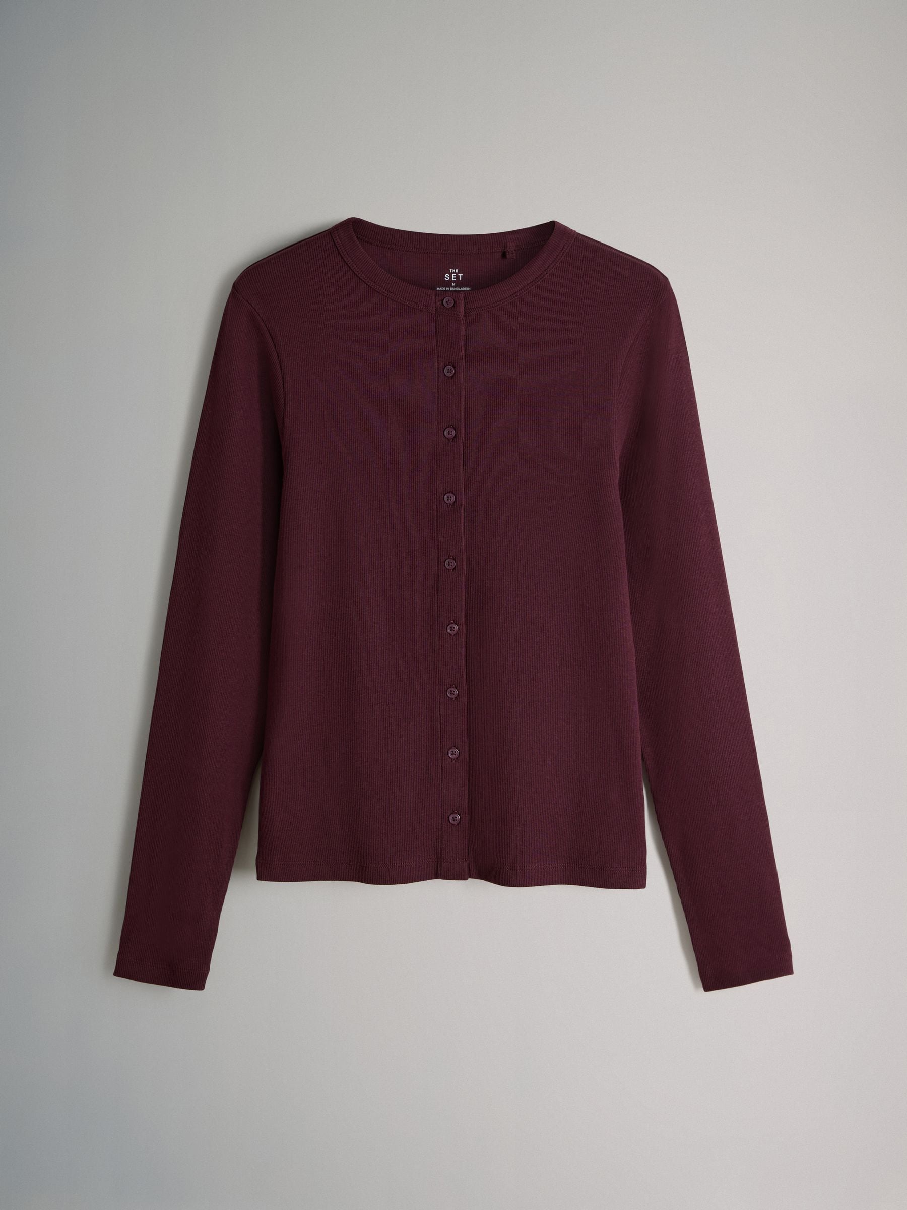 The Set 3 Pack Long Sleeve Button Through Rib T-Shirt - Black/Chocolate Brown/Berry - Regular - SIP Still Life