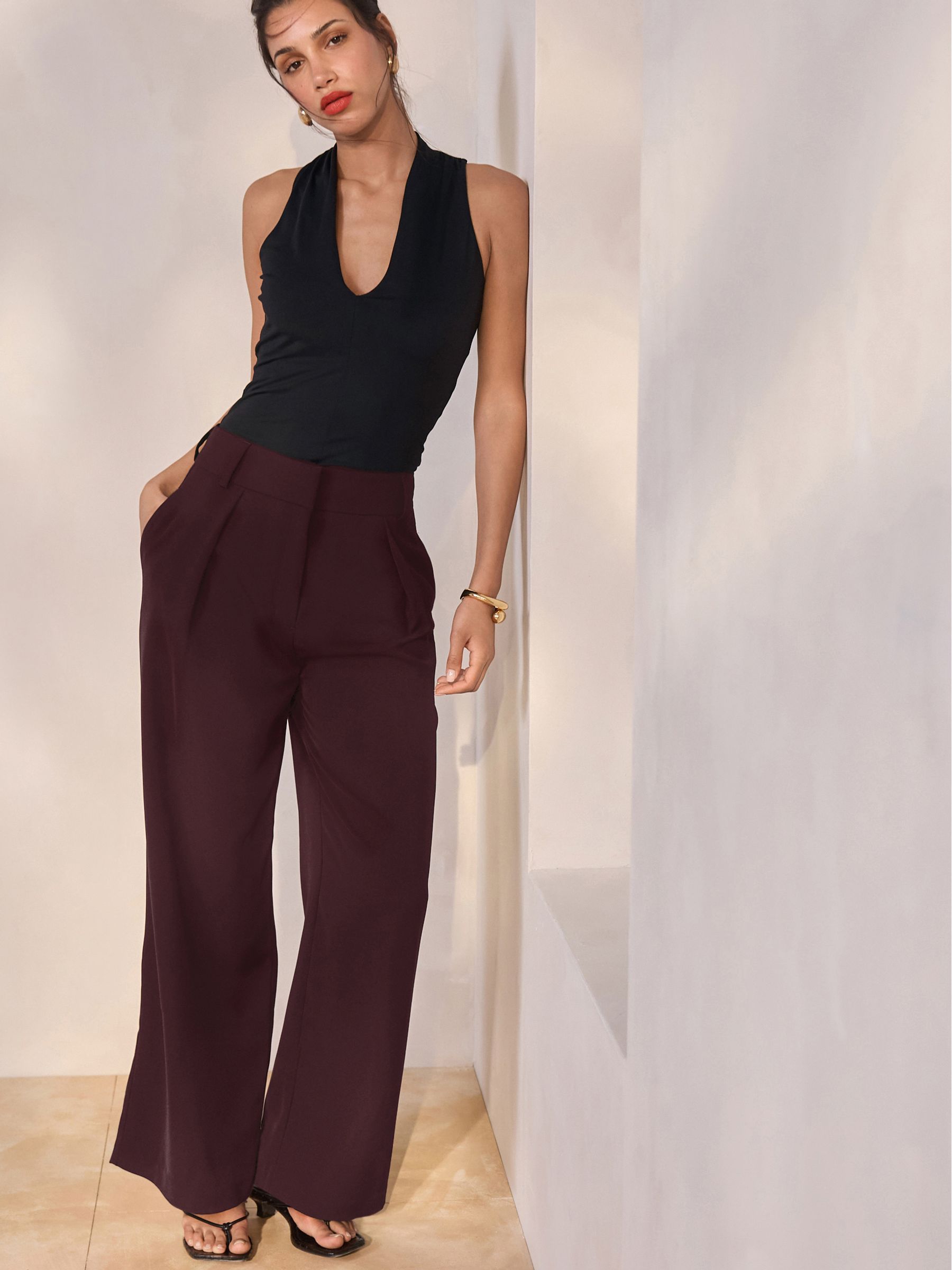 Elastic Back Wide Leg Trousers - Burgundy Red - Regular - Location Worn