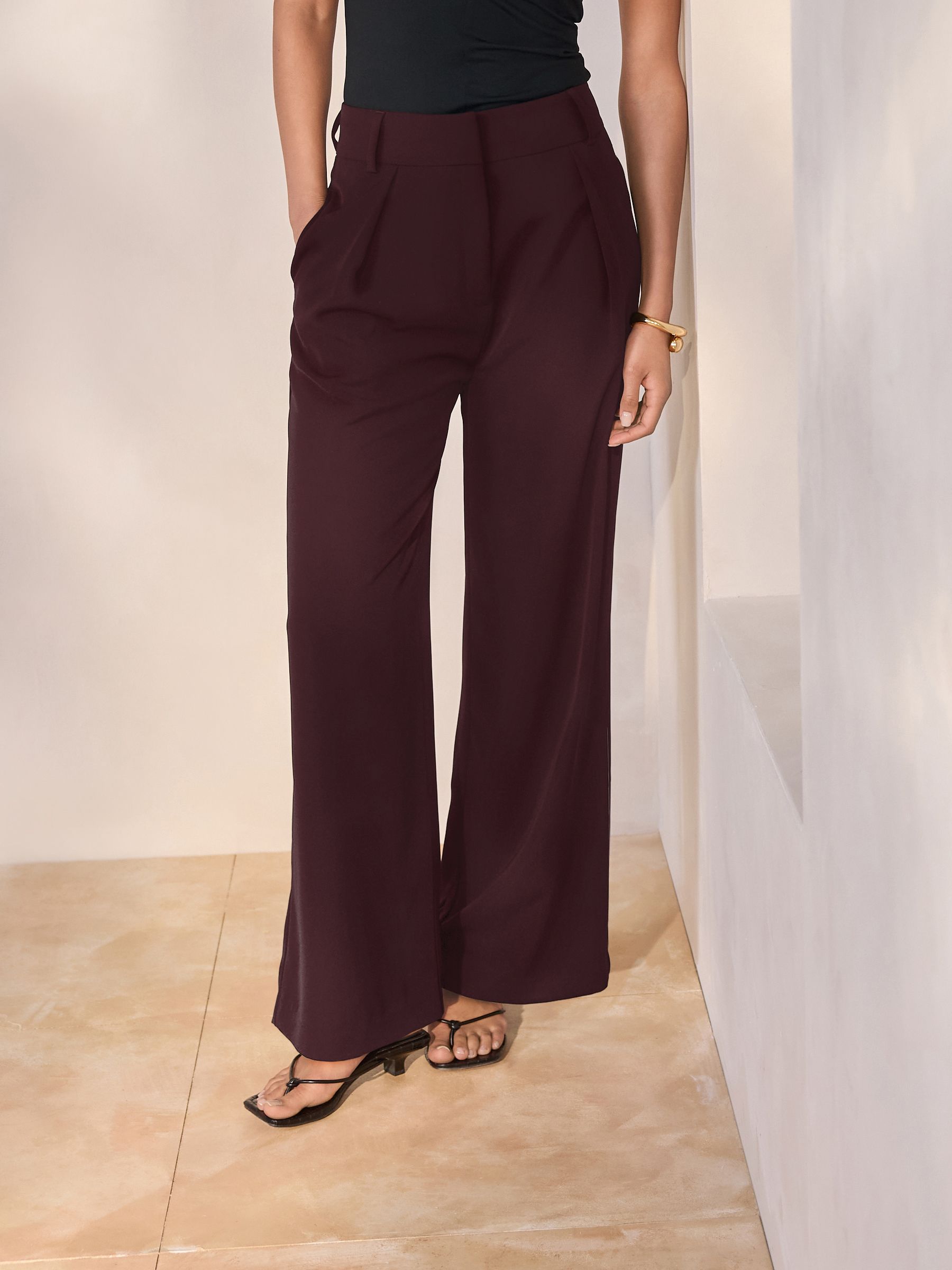 Elastic Back Wide Leg Trousers - Burgundy Red - Regular - Location Worn
