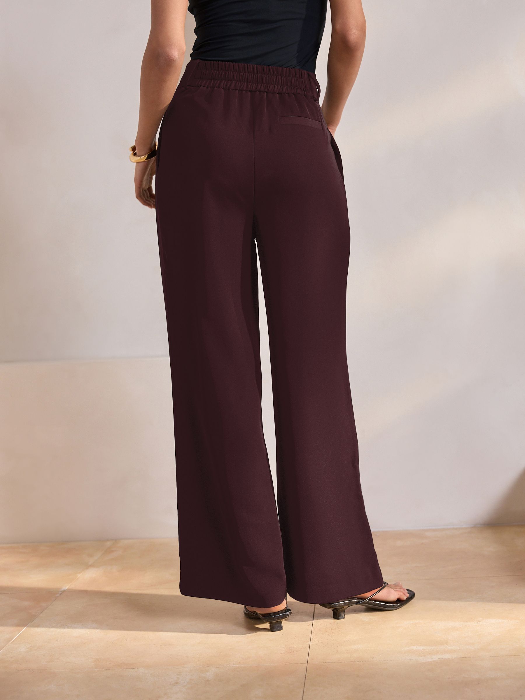 Elastic Back Wide Leg Trousers - Burgundy Red - Regular - Location Worn