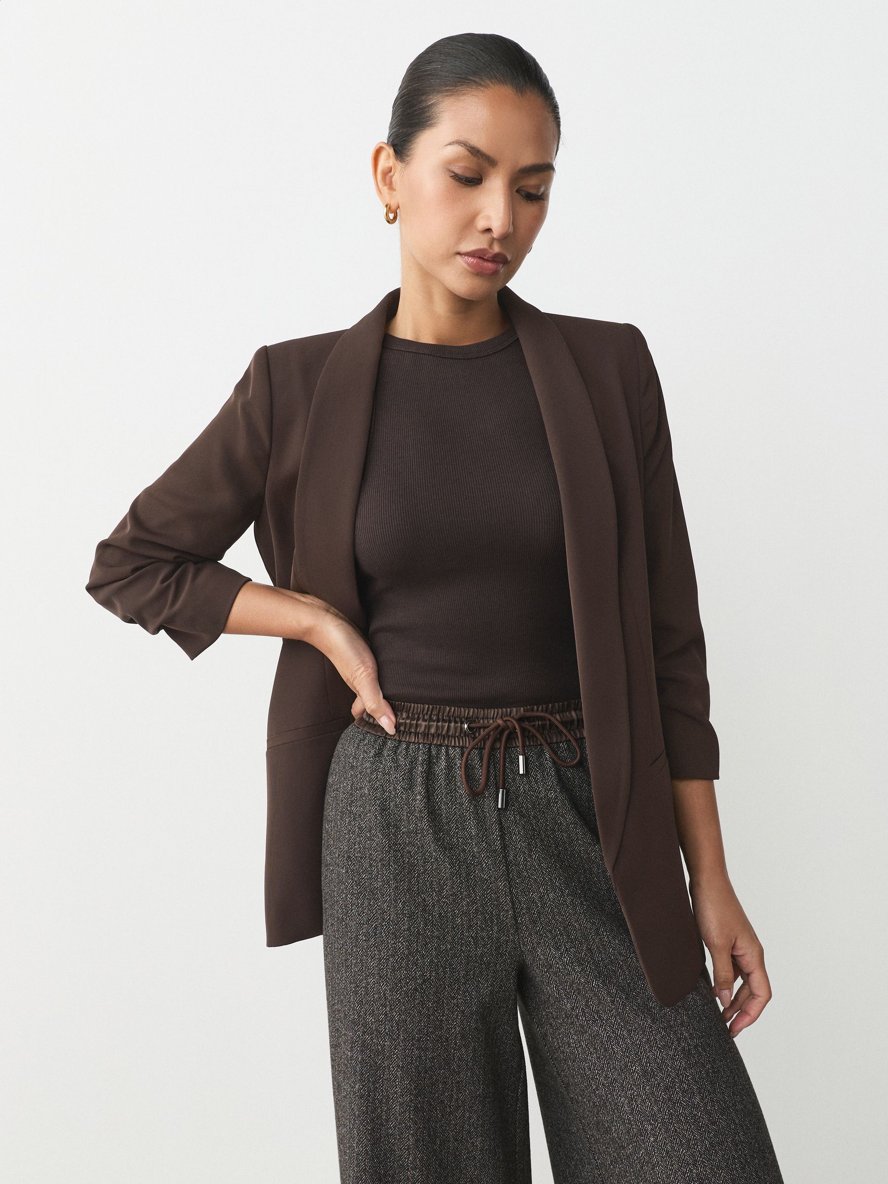 Relaxed Ruched Sleeve Blazer - Chocolate Brown - Regular - SIP Worn
