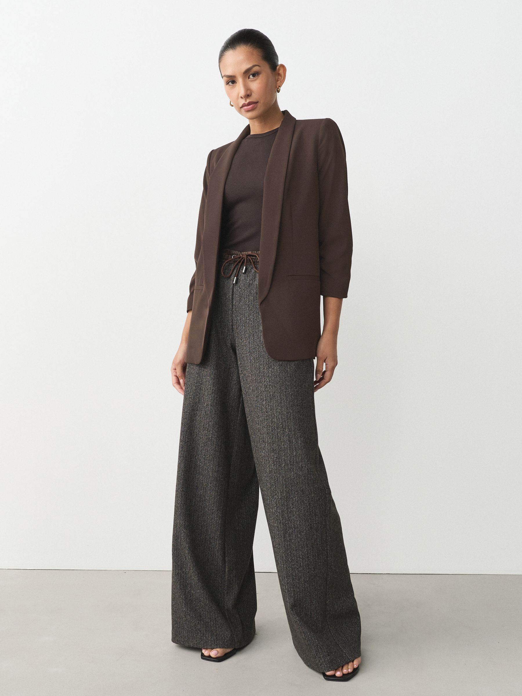 Relaxed Ruched Sleeve Blazer - Chocolate Brown - Regular - SIP Worn
