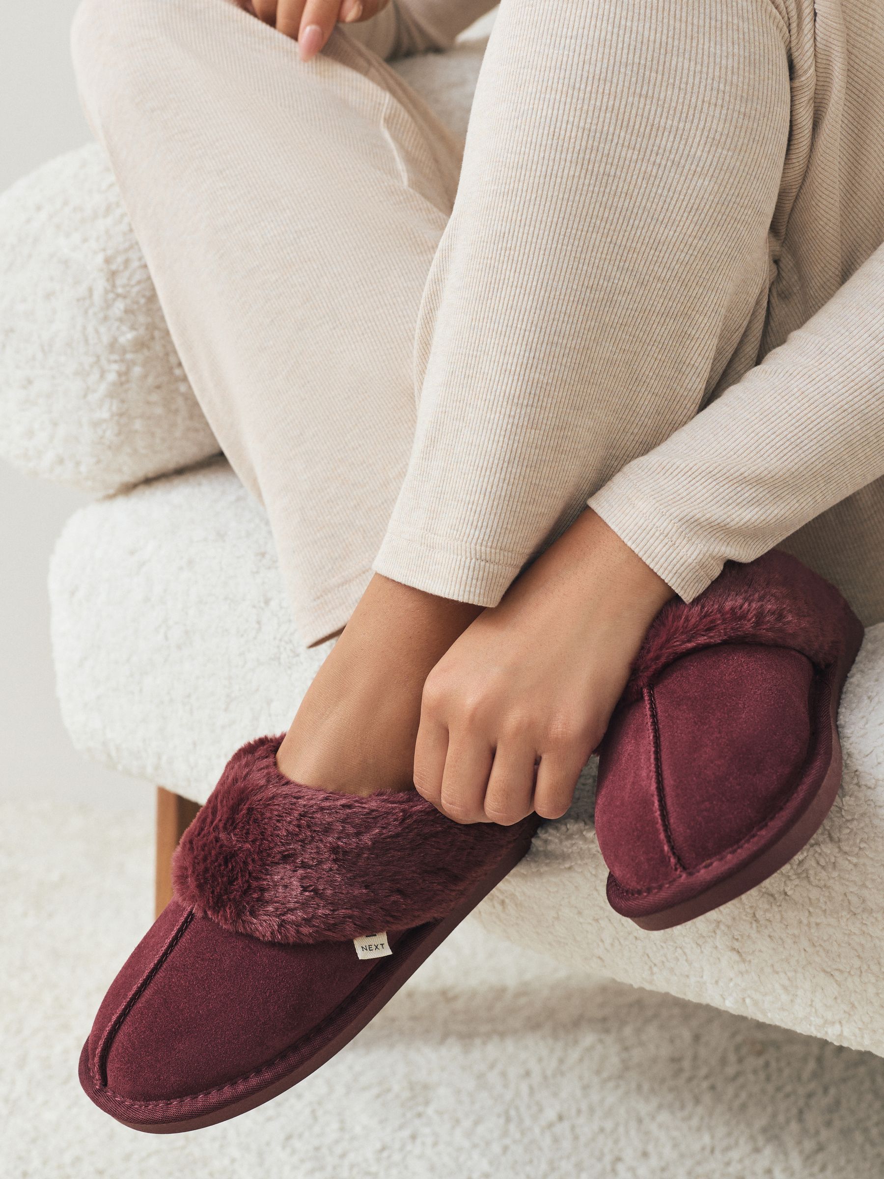 Faux Fur Lined Suede Mule Slippers - Berry Red - Regular - SIP Worn