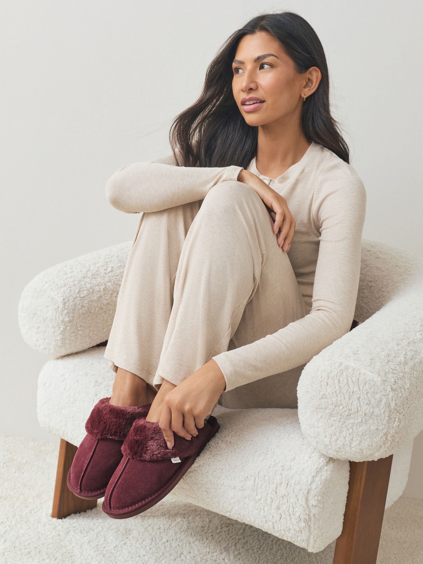 Faux Fur Lined Suede Mule Slippers - Berry Red - Regular - SIP Worn