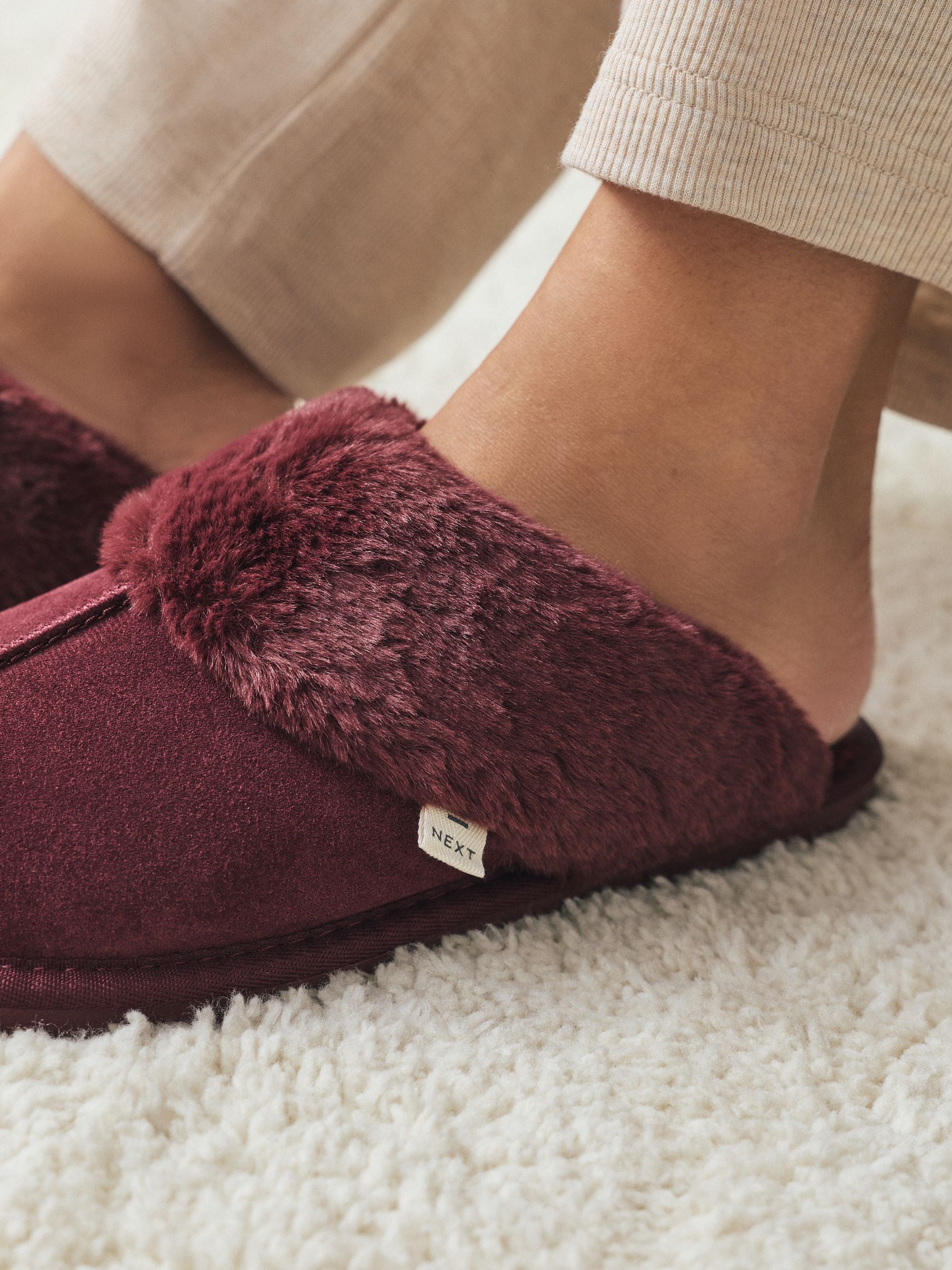 Faux Fur Lined Suede Mule Slippers - Berry Red - Regular - SIP Worn