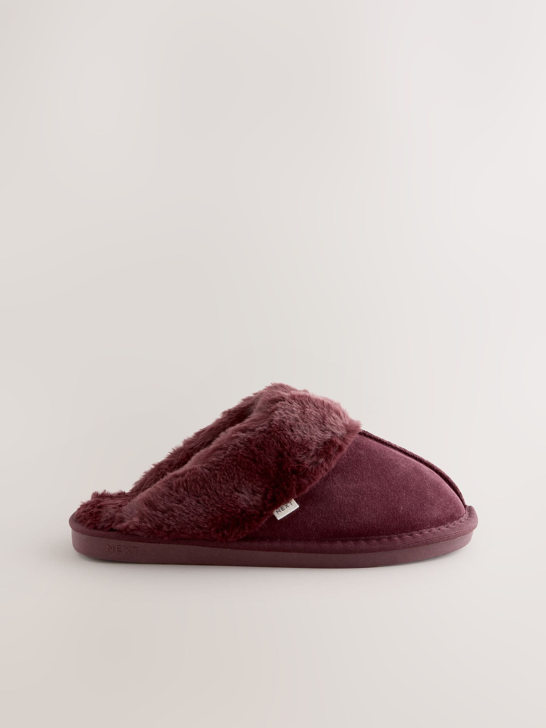 Faux Fur Lined Suede Mule Slippers - Berry Red - Regular - SIP Still Life