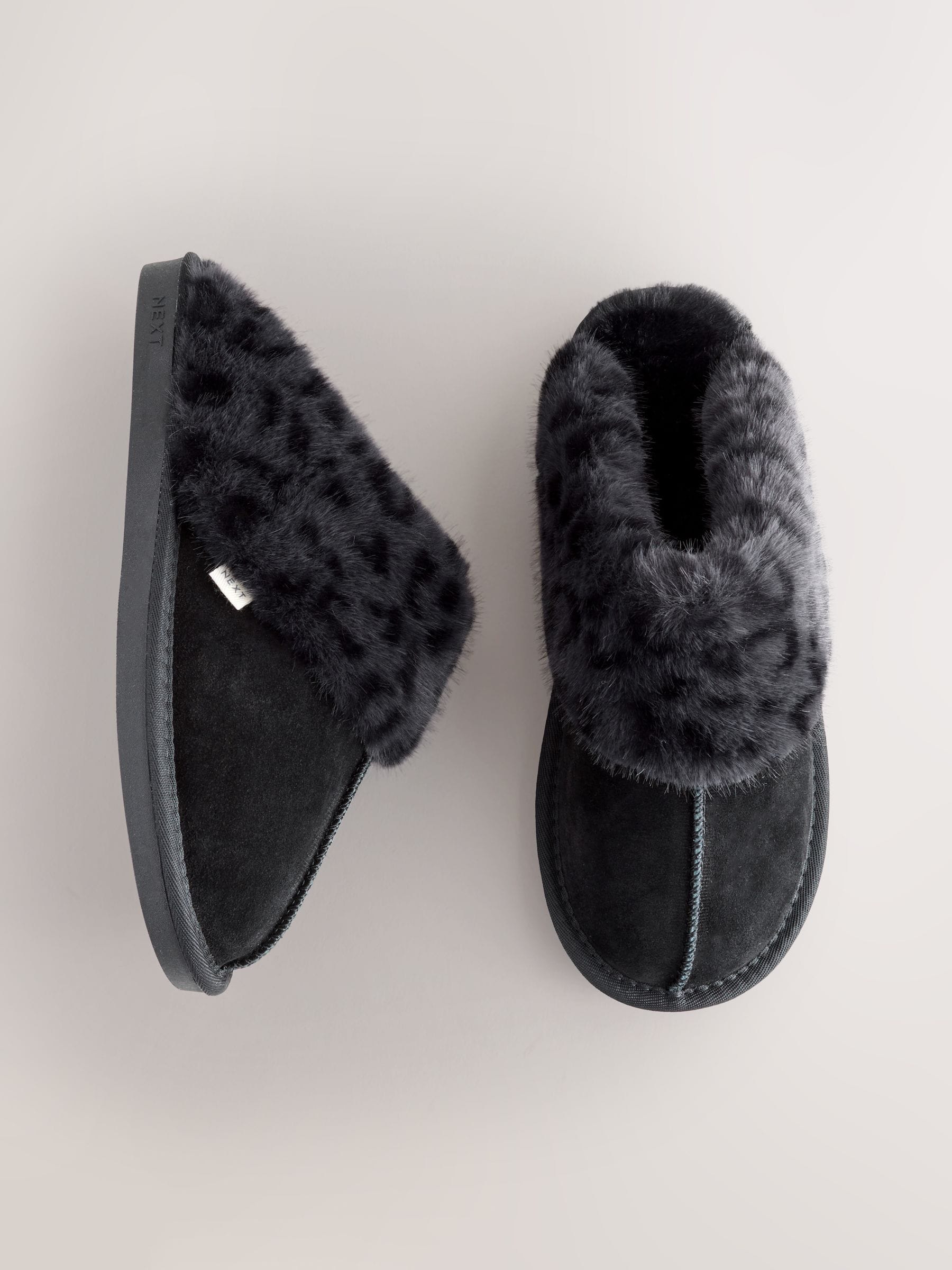 Faux Fur Lined Suede Mule Slippers - Black Animal - Regular - SIP Still Life