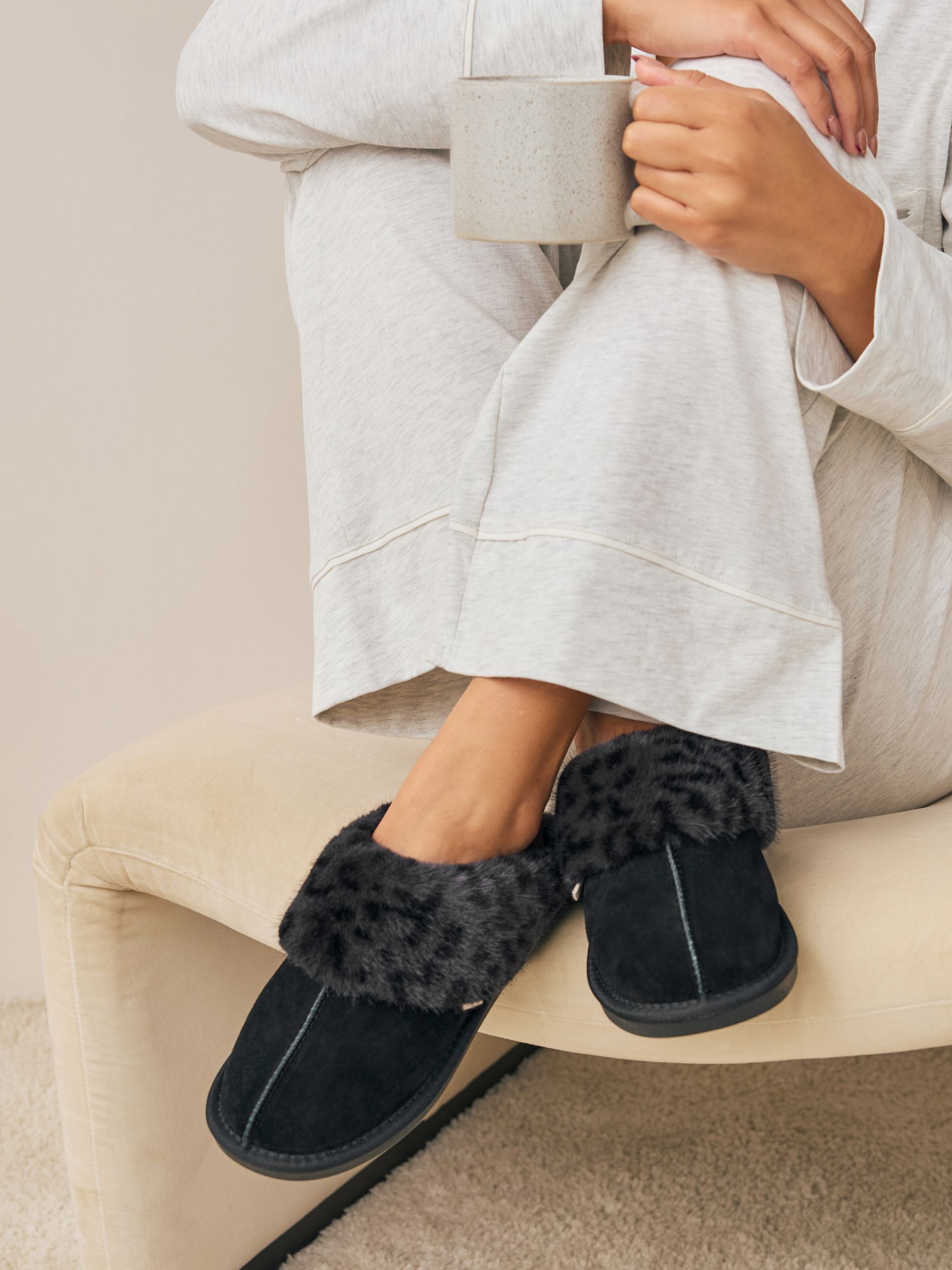 Faux Fur Lined Suede Mule Slippers - Black Animal - Regular - SIP Worn