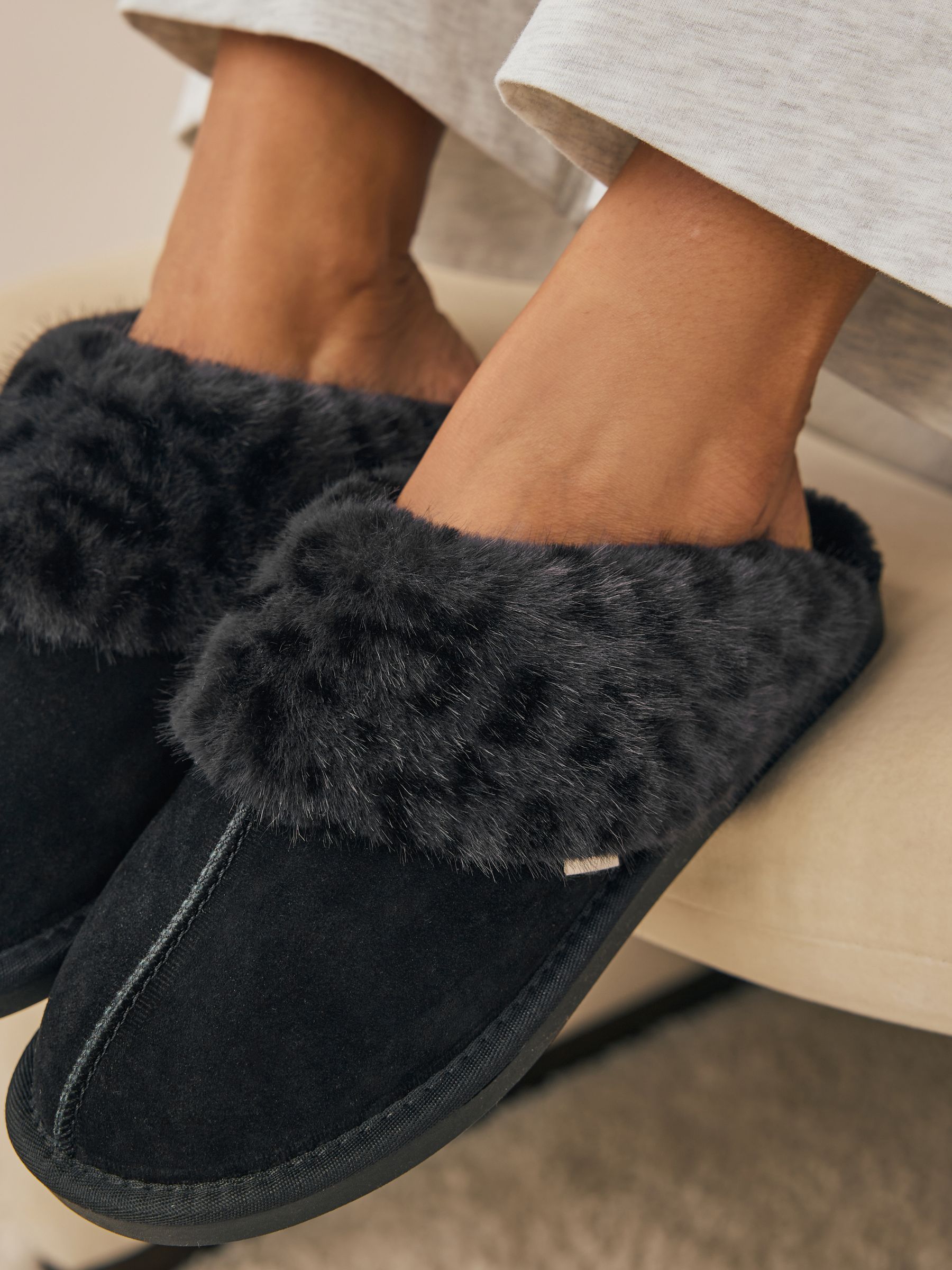 Faux Fur Lined Suede Mule Slippers - Black Animal - Regular - SIP Worn